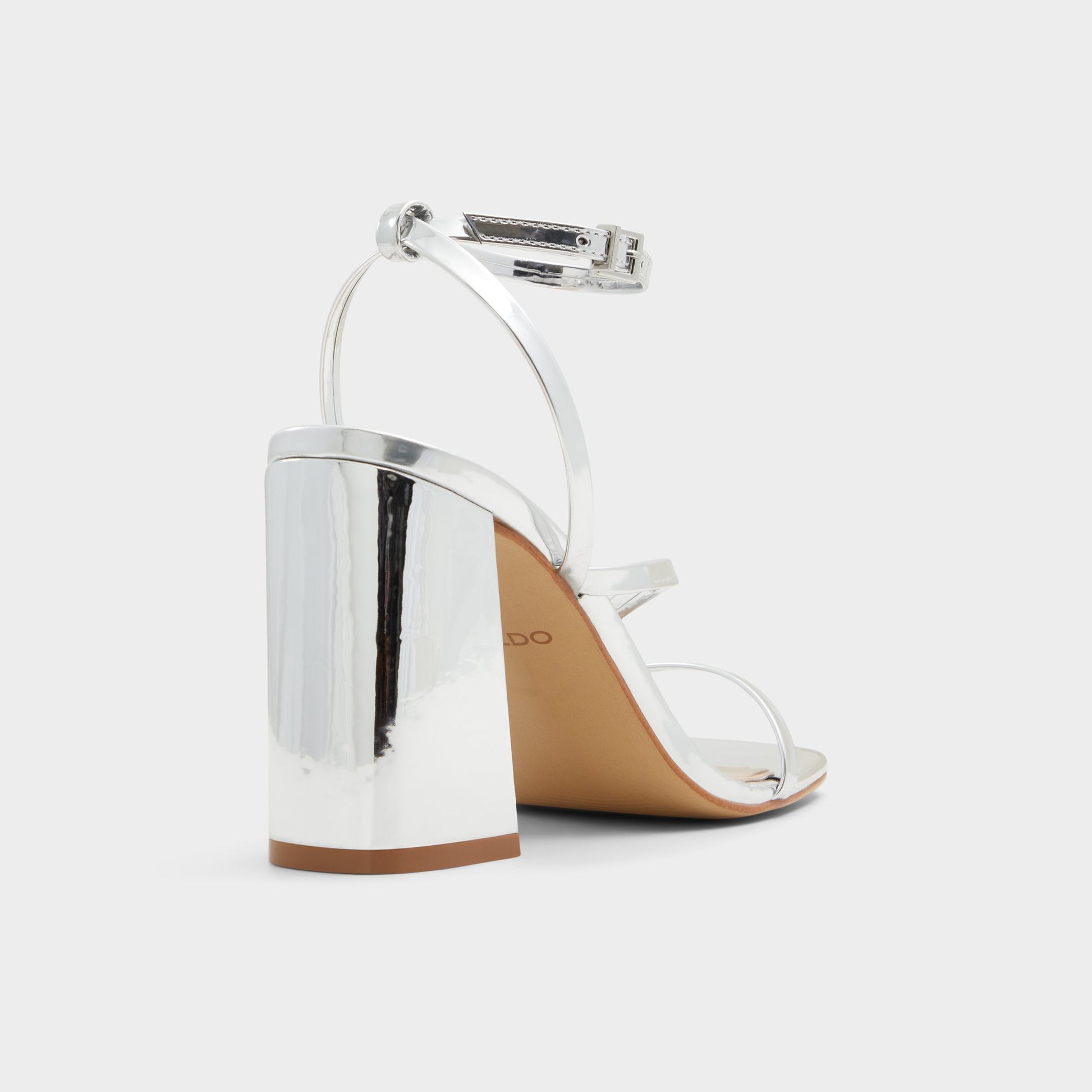 Three-quarter angle of Silver Laurader Strappy block heeled sandal's back side