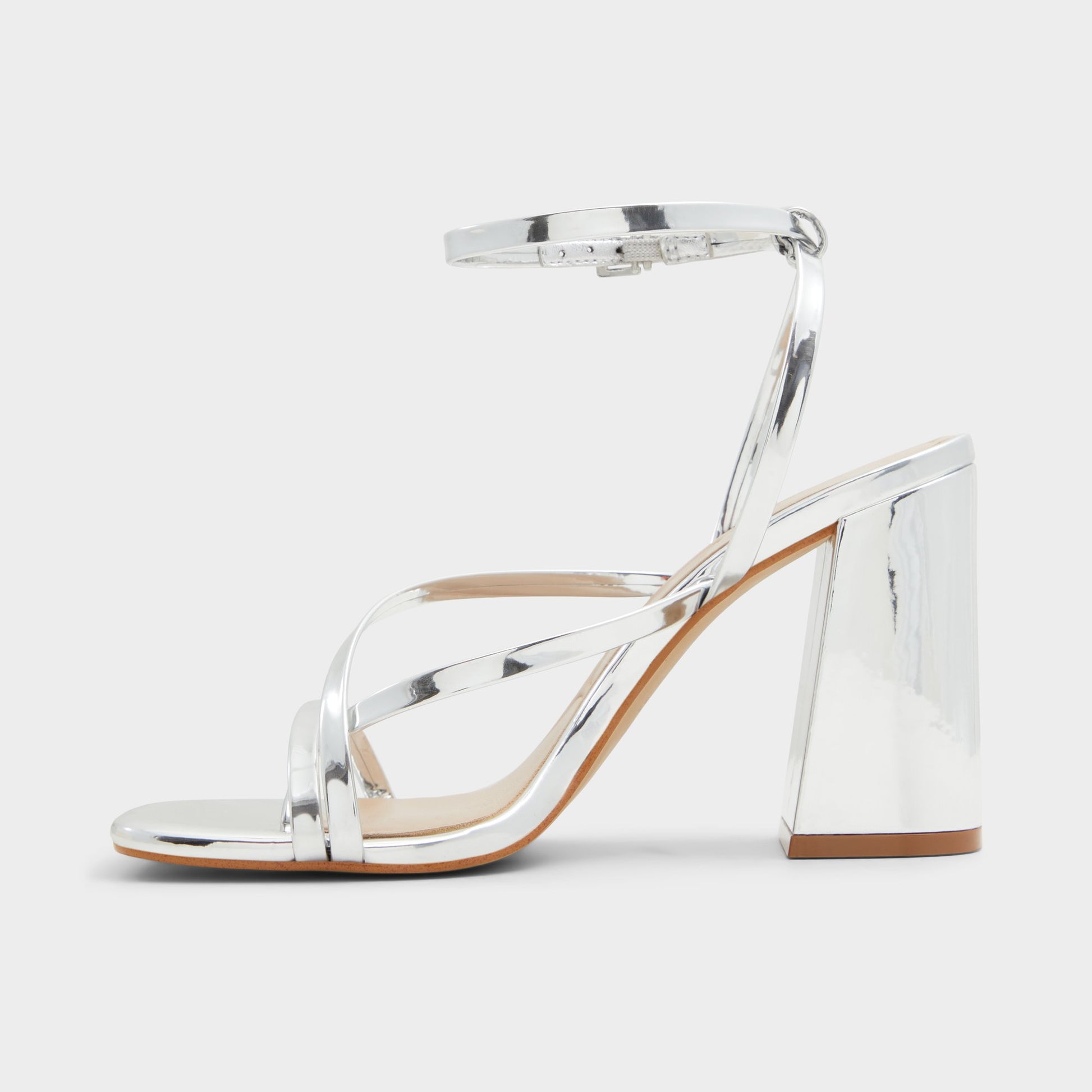 Side view of Silver Laurader Strappy block heeled sandal