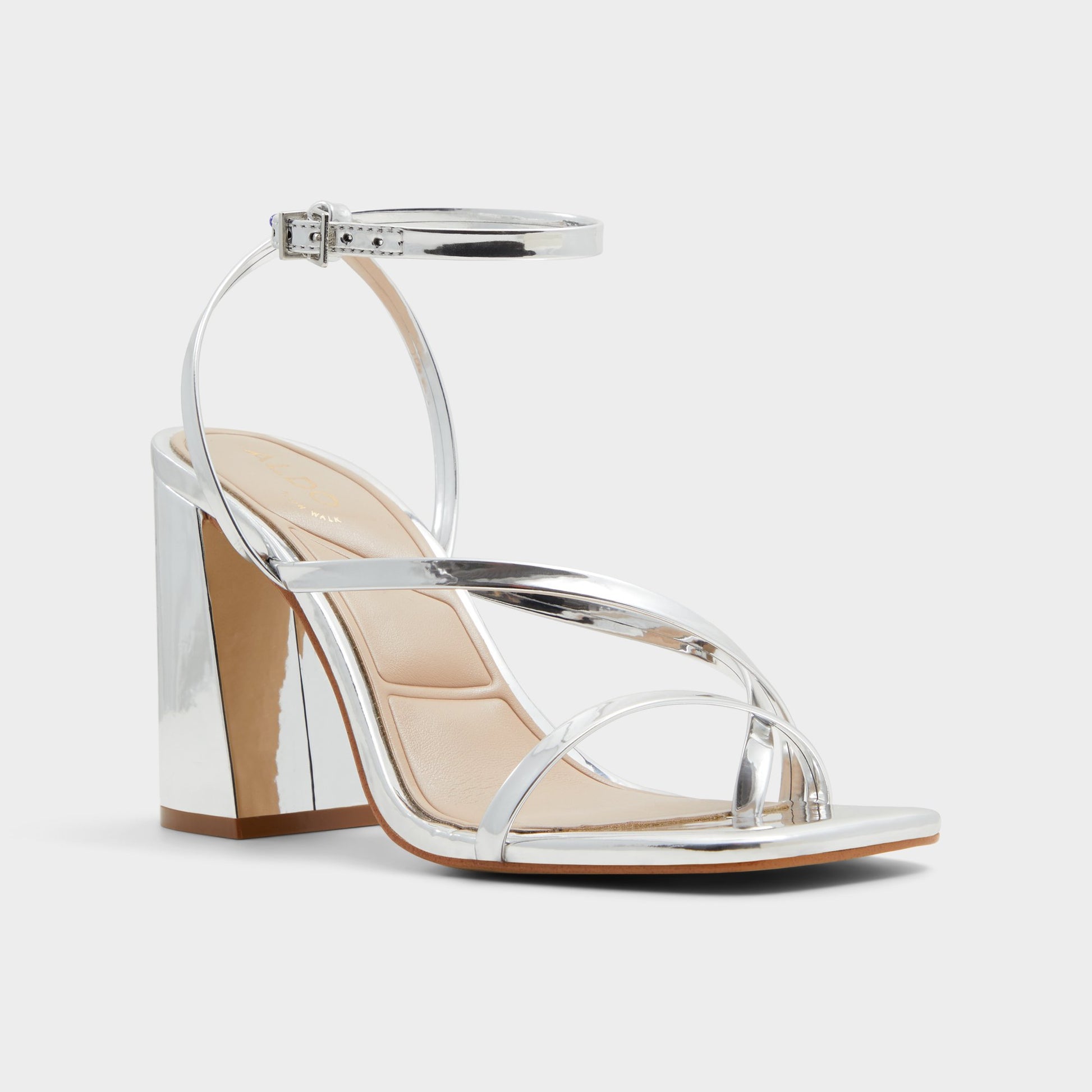 Three-quarter angle of Silver Laurader Strappy block heeled sandal's front side