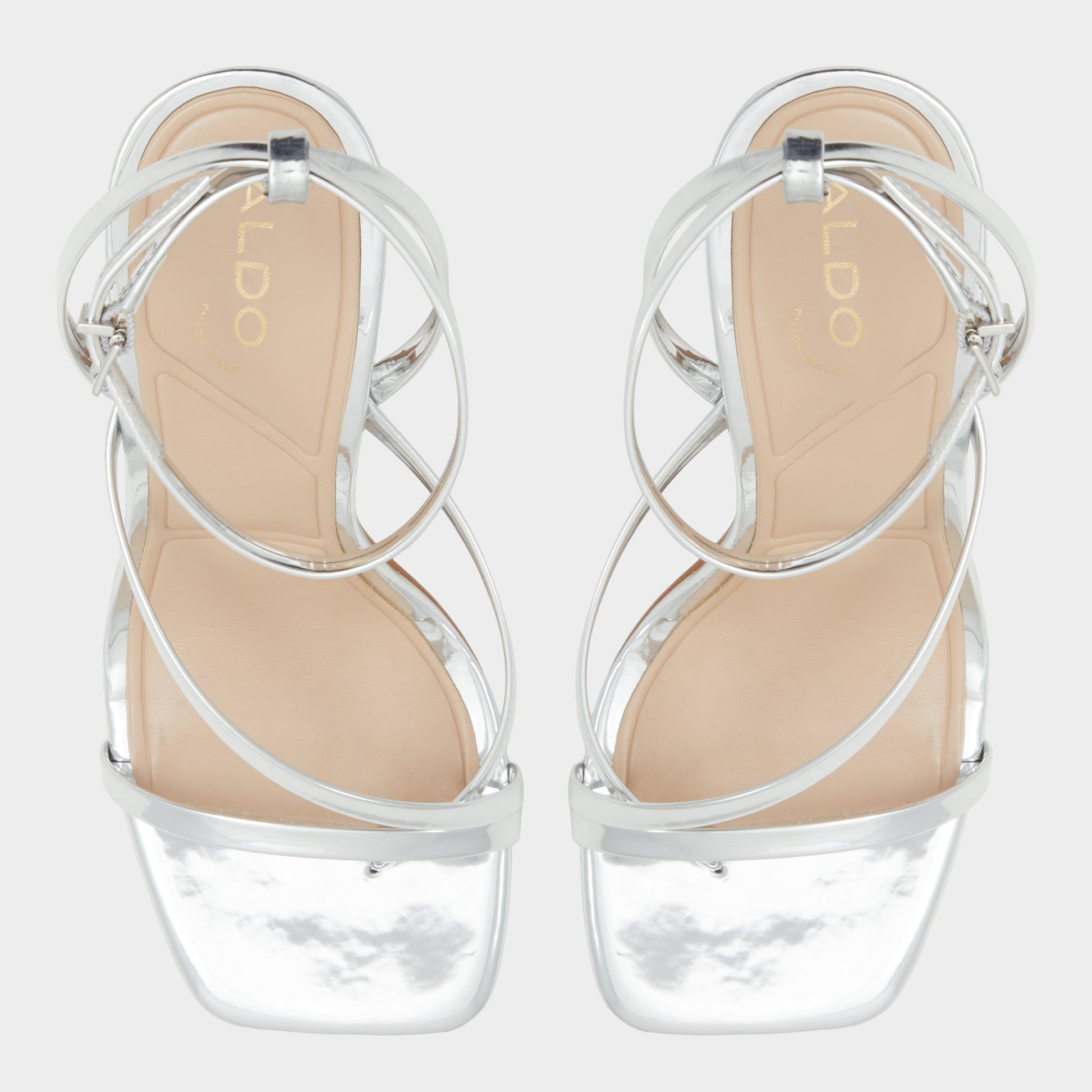 Top-down view of the Silver Laurader Strappy block heeled sandal