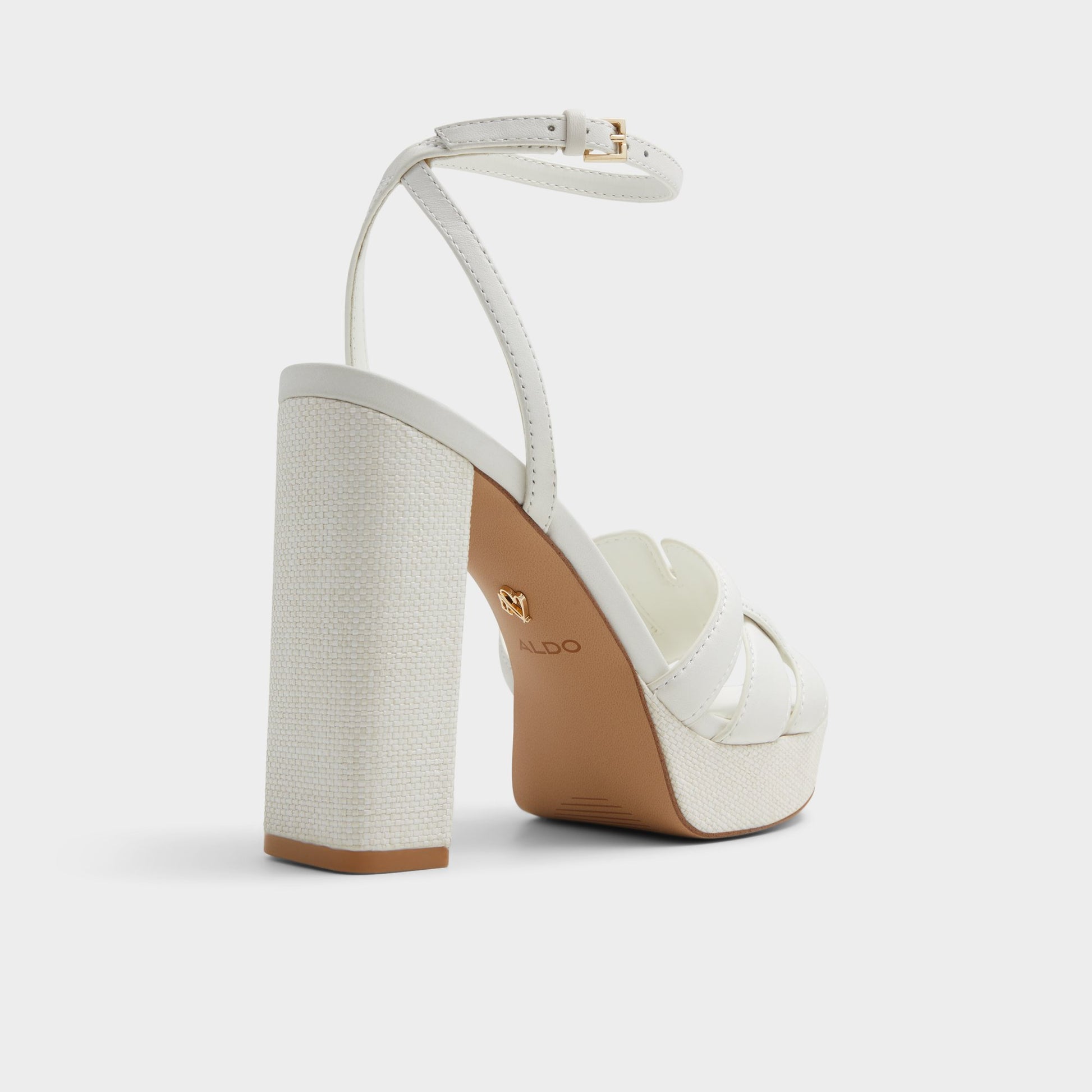 Three-quarter angle of Open White Valaberel Strappy heeled sandal's back side