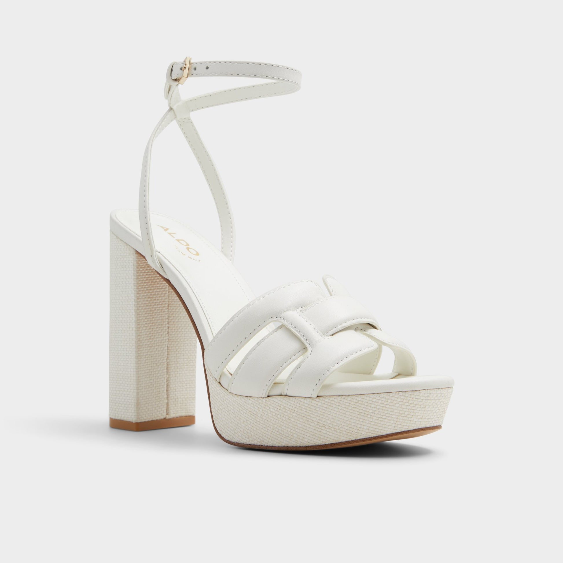 Three-quarter angle of Open White Valaberel Strappy heeled sandal's front side
