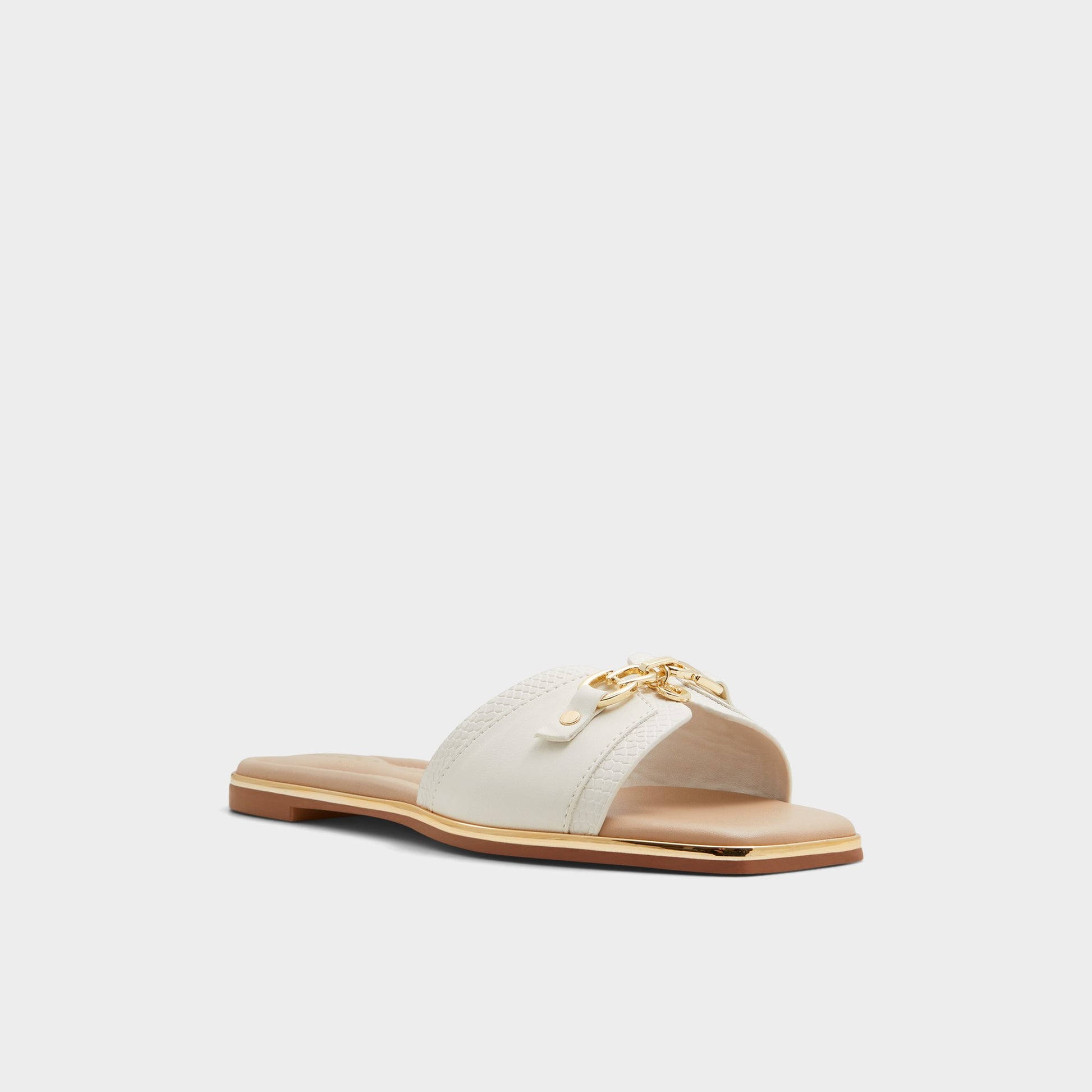 Three-quarter angle of Open White Alamassi Slide sandal's front side