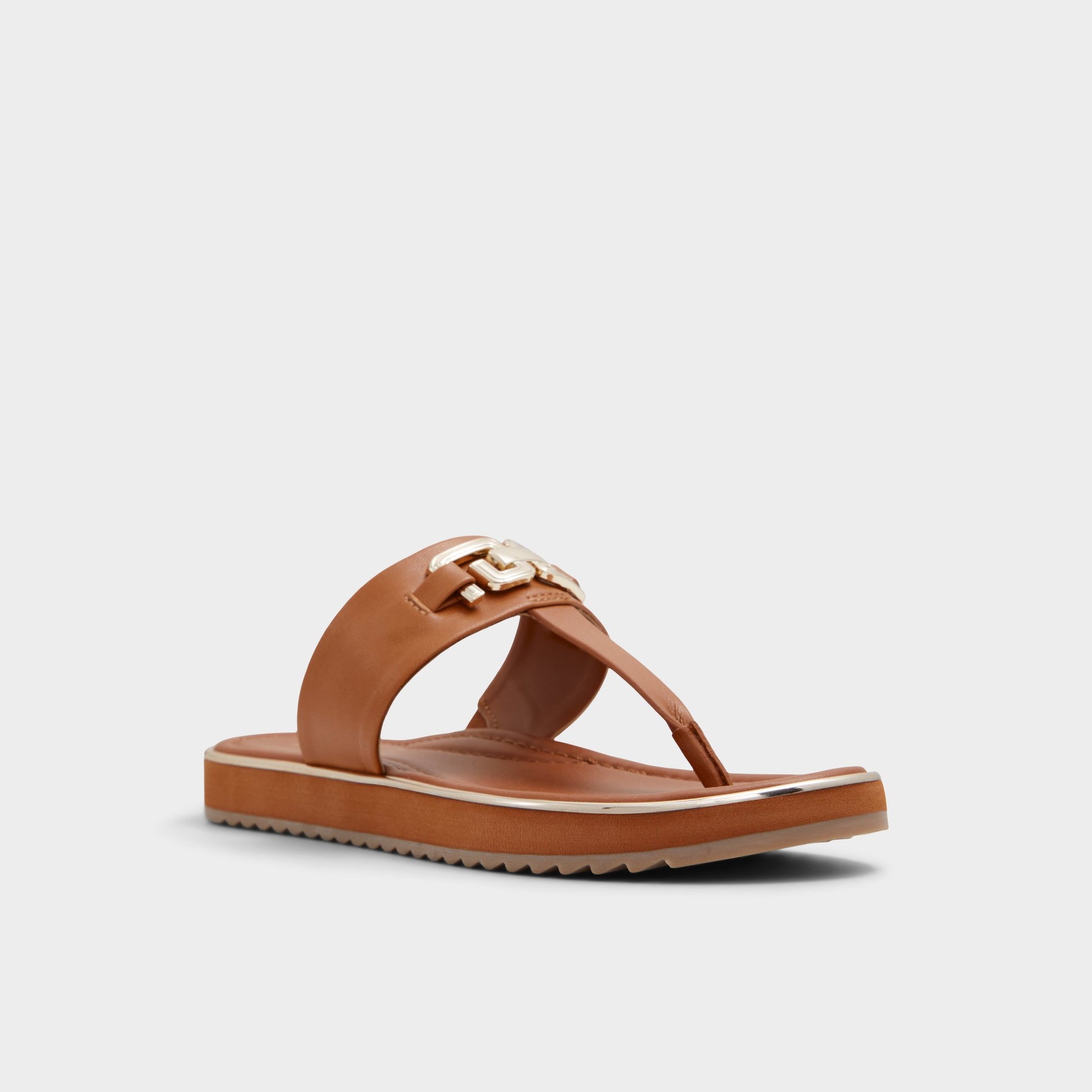 Three-quarter angle of Medium Brown Adirahar T-strap sandal's front side