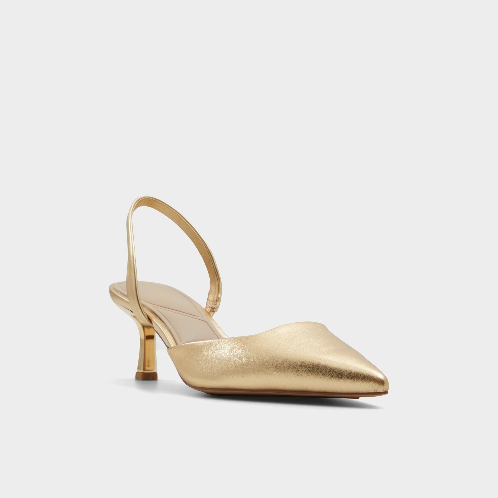 Three-quarter angle of Gold Gavedessi Slingback heel's front side