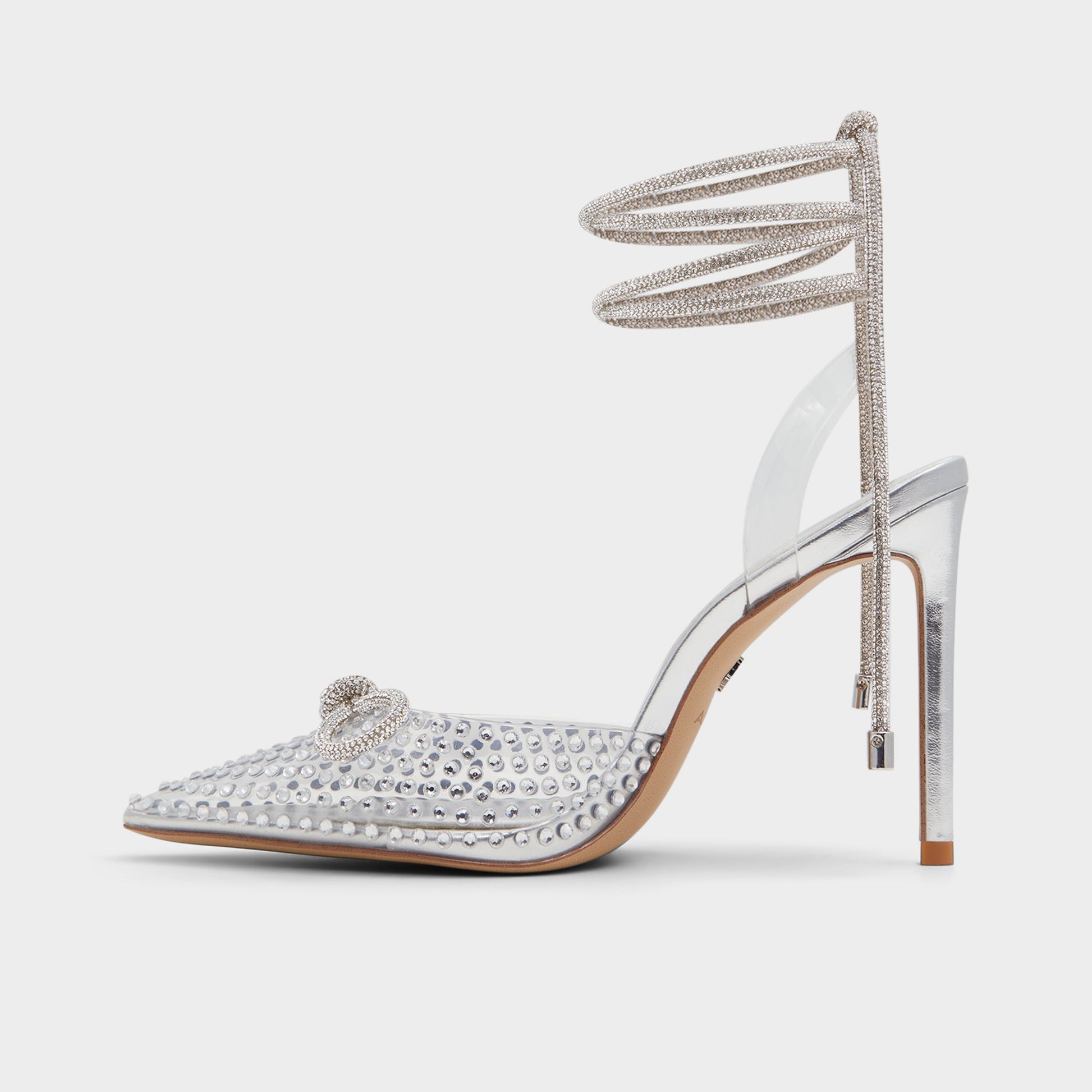 Side view of Silver Tenzin Strappy heeled shoe