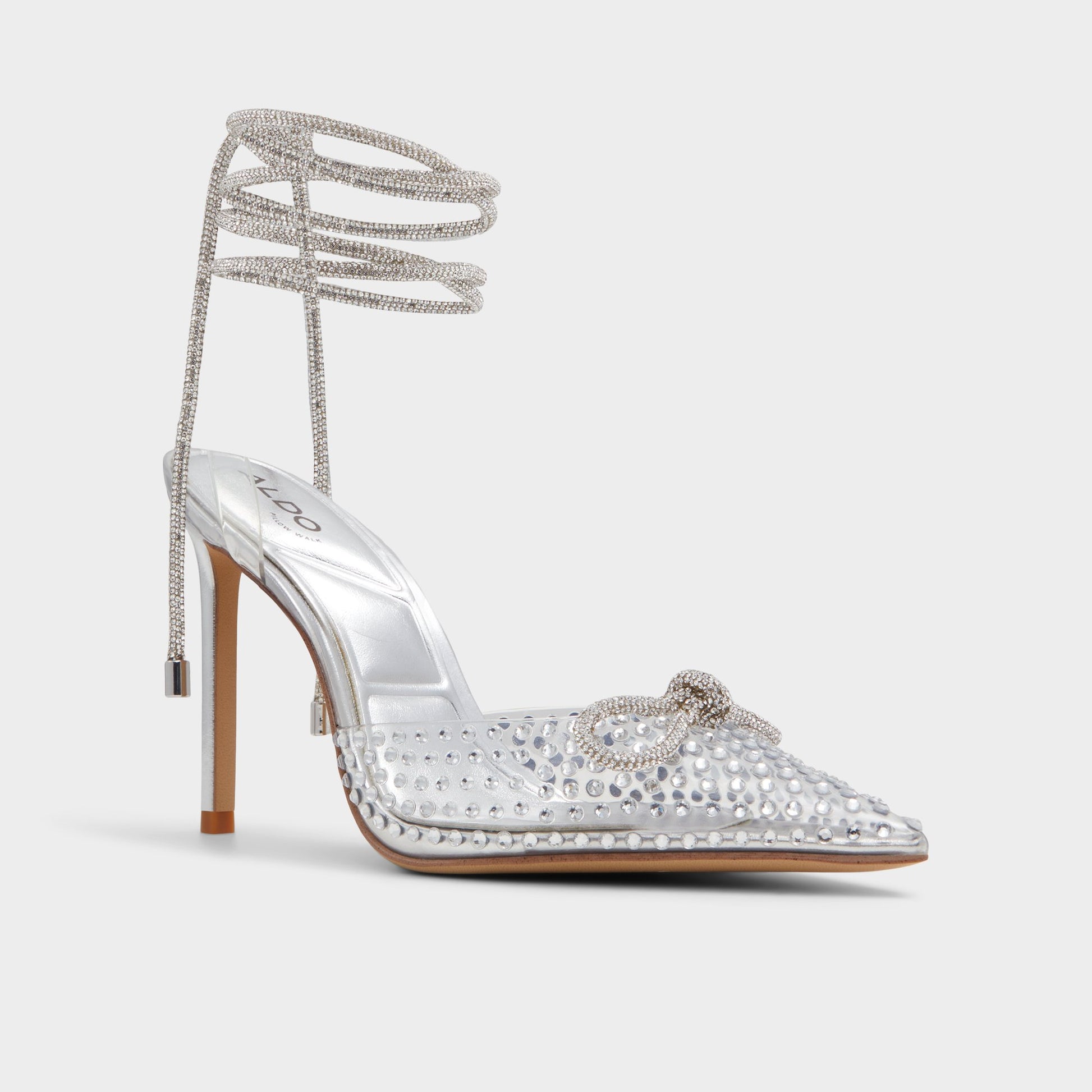 Three-quarter angle of Silver Tenzin Strappy heeled shoe's front side