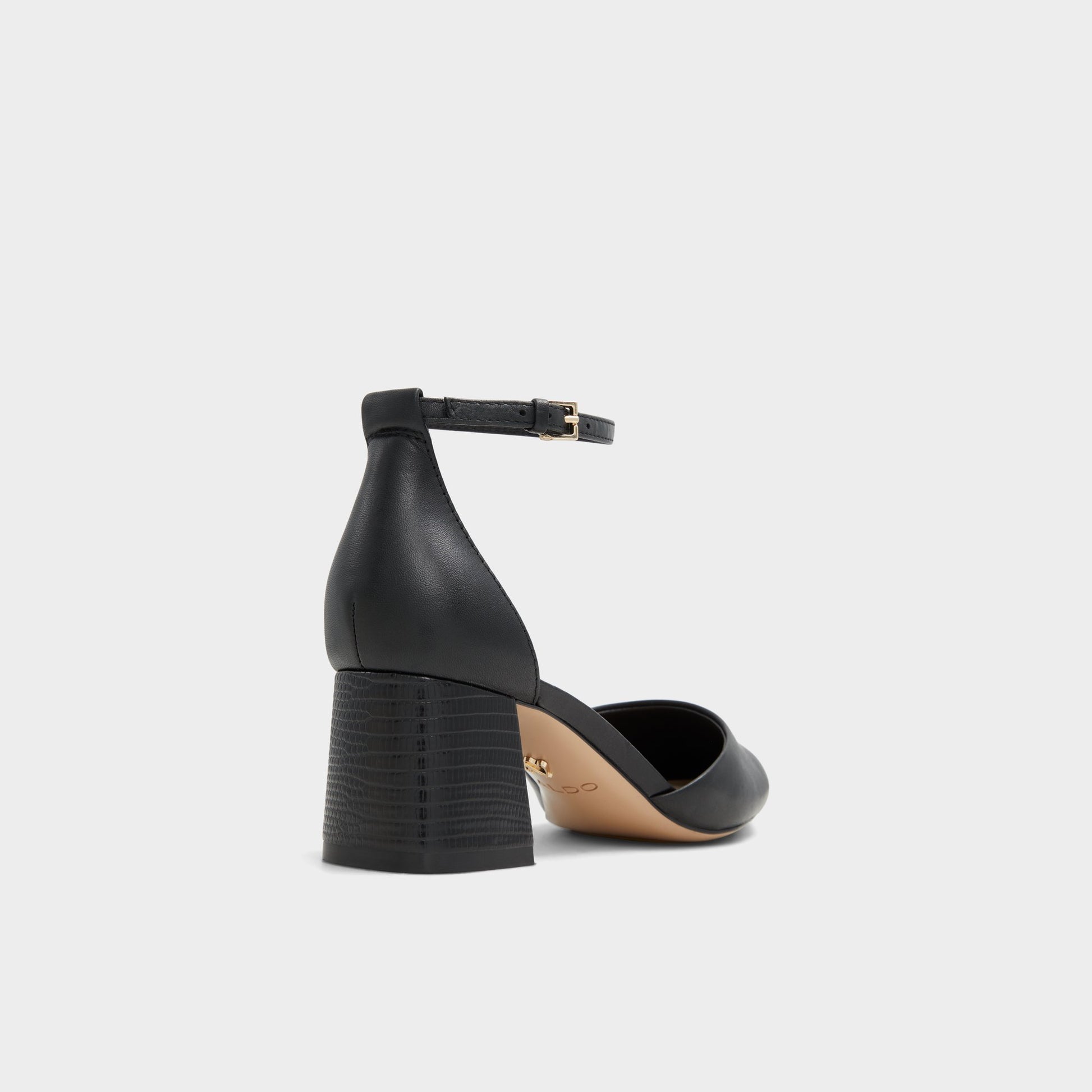 Three-quarter angle of Black Uneral High heeled shoe's back side