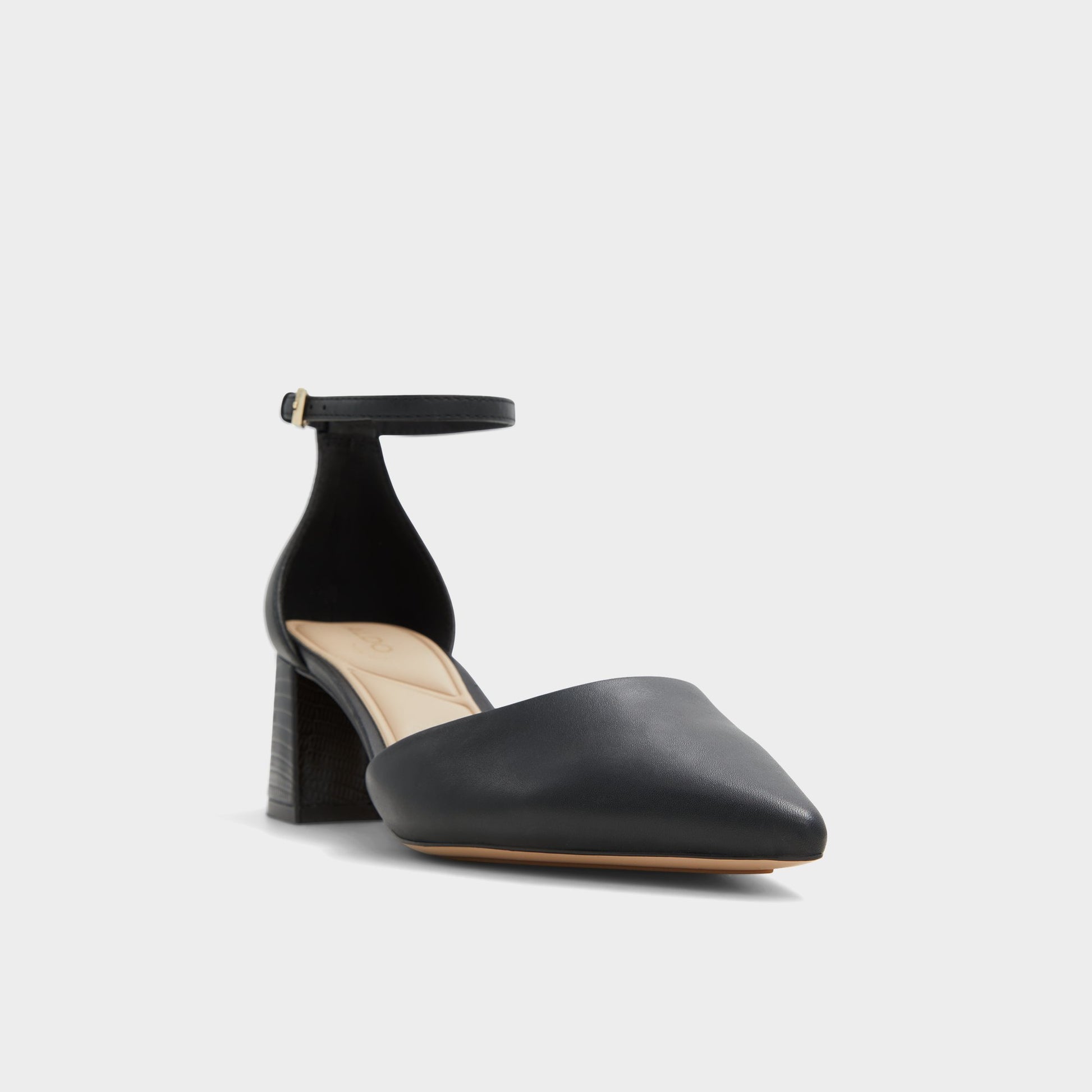 Three-quarter angle of Black Uneral High heeled shoe's front side