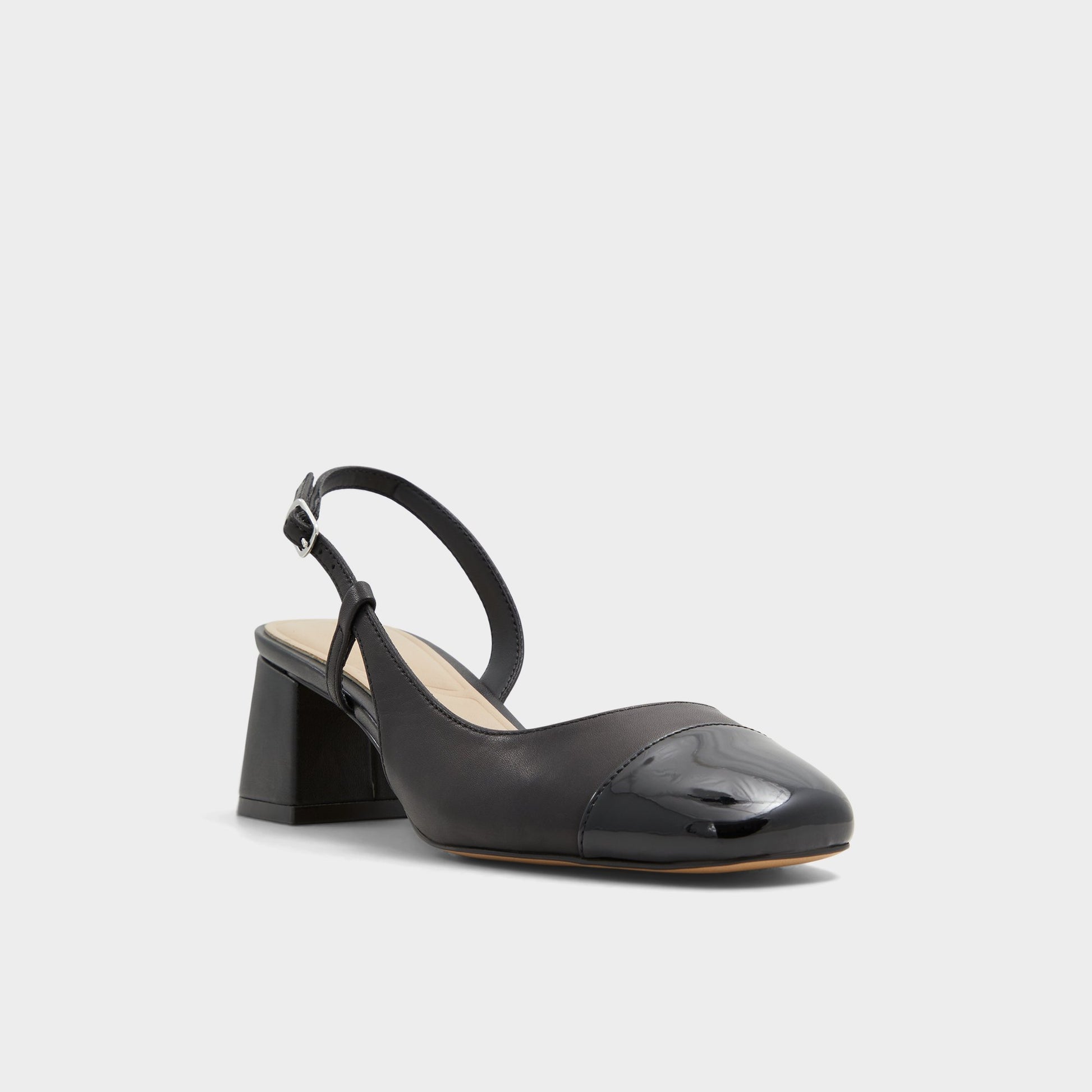 Three-quarter angle of Black Bialle Slingback heel's front side
