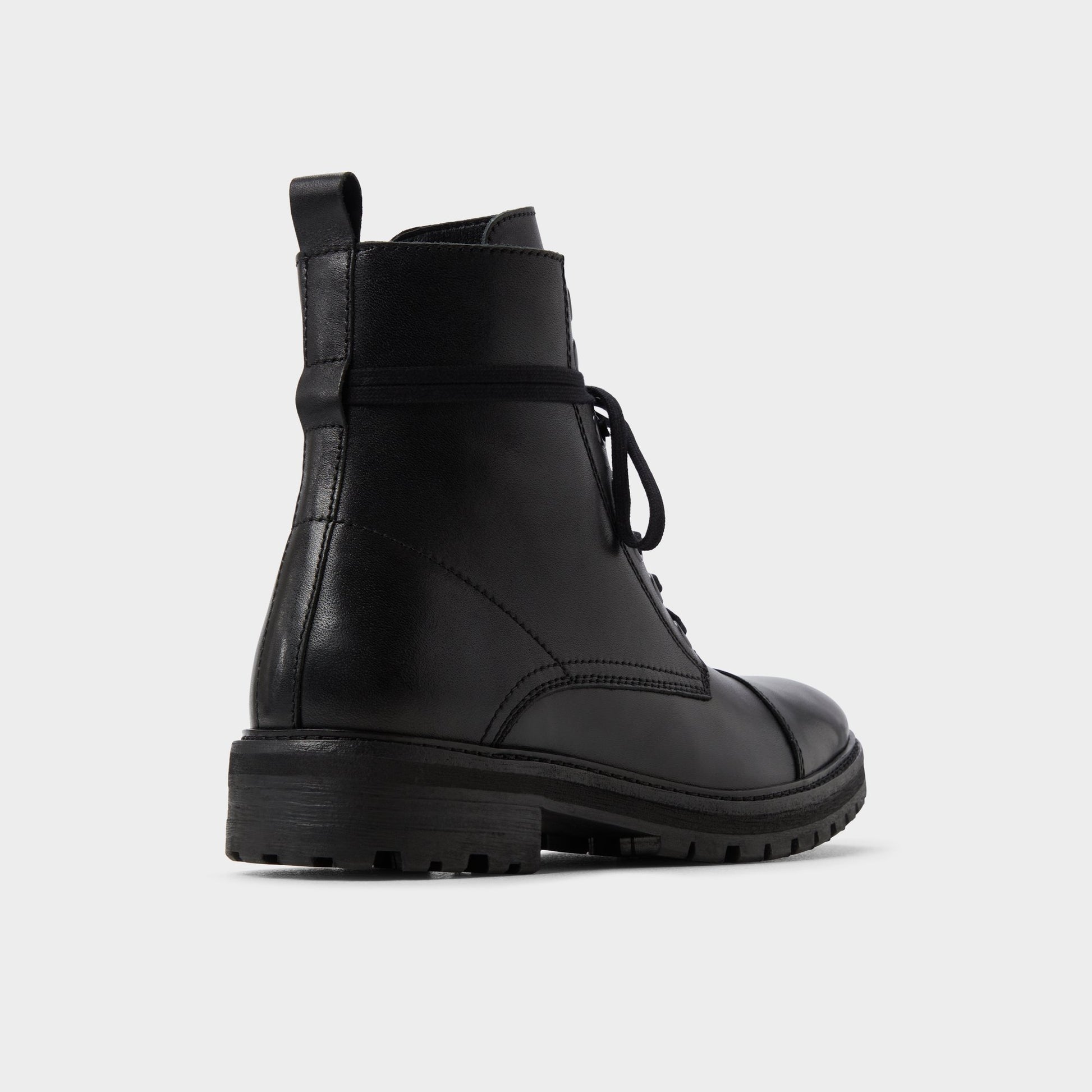 Three-quarter angle of Black Sevigo Combat ankle boot's back side