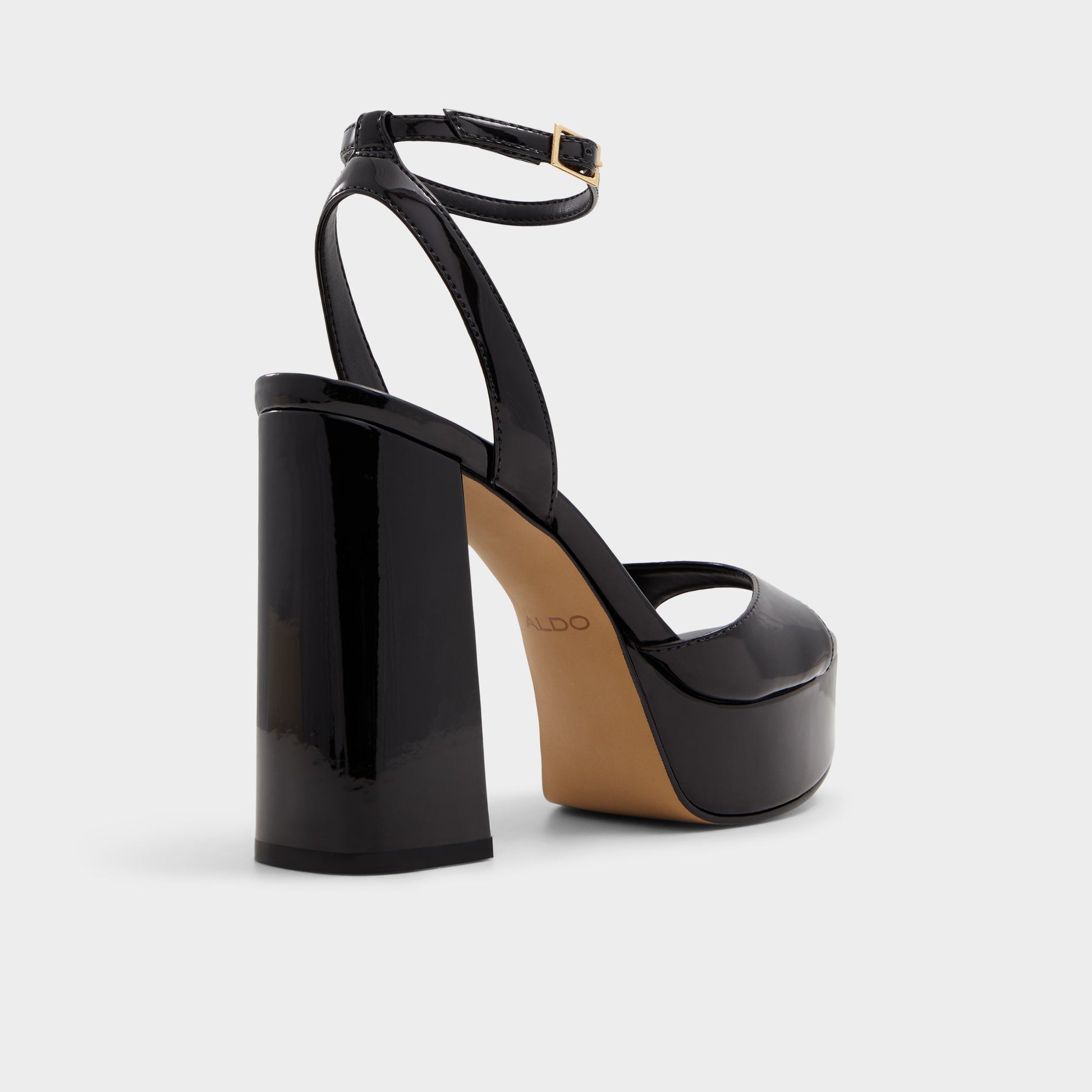 Three-quarter angle of Black Valoria Strappy heeled sandal's back side