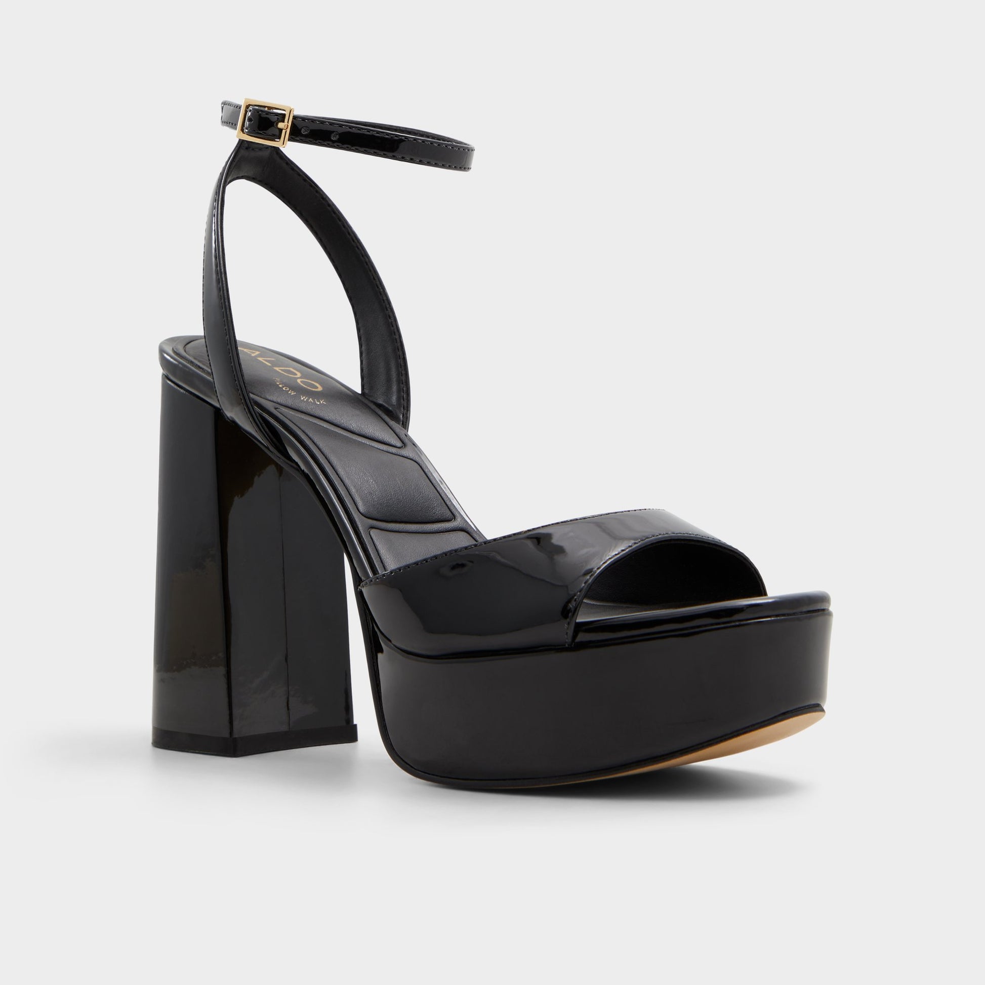 Three-quarter angle of Black Valoria Strappy heeled sandal's front side
