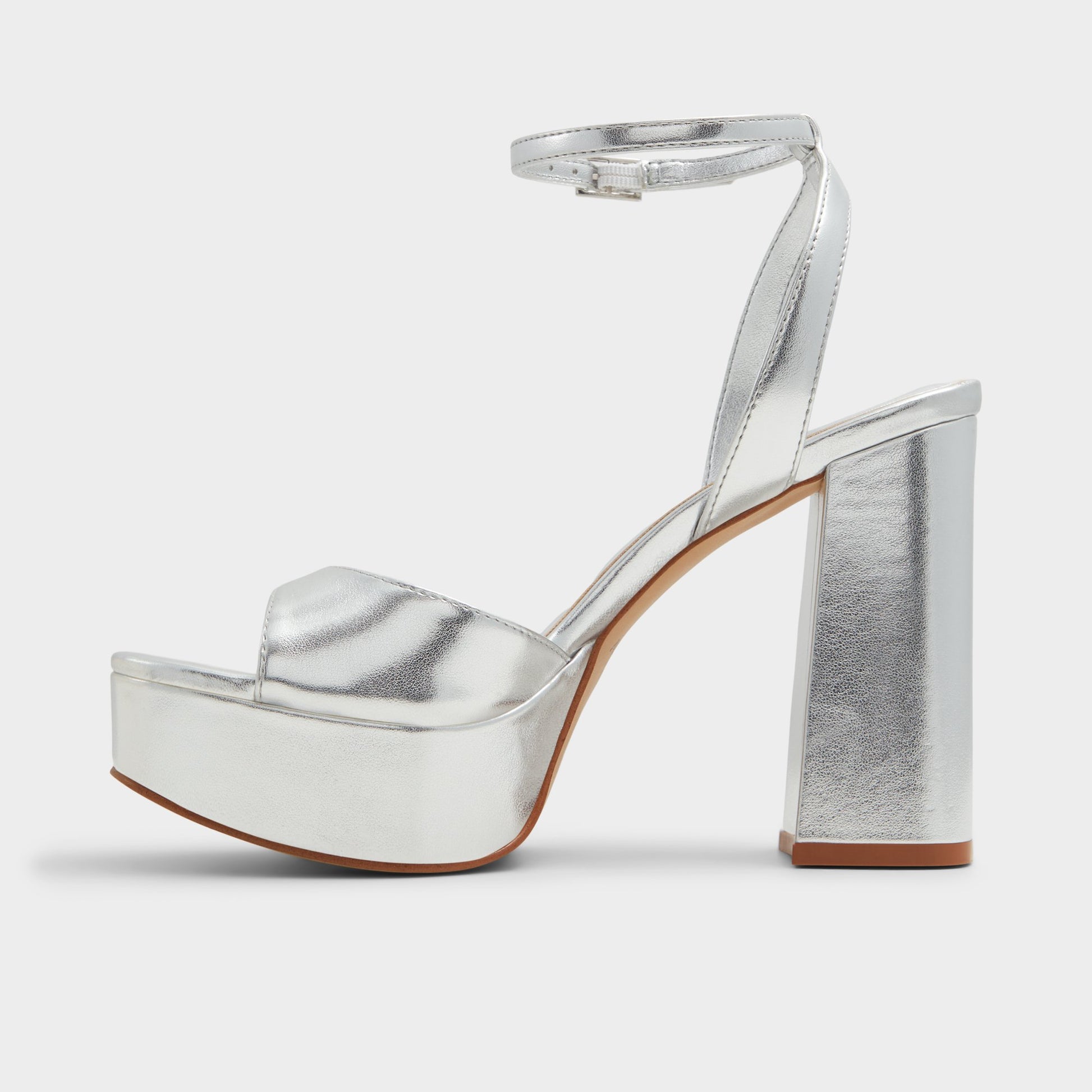Side view of Silver Valoria Strappy heeled sandal