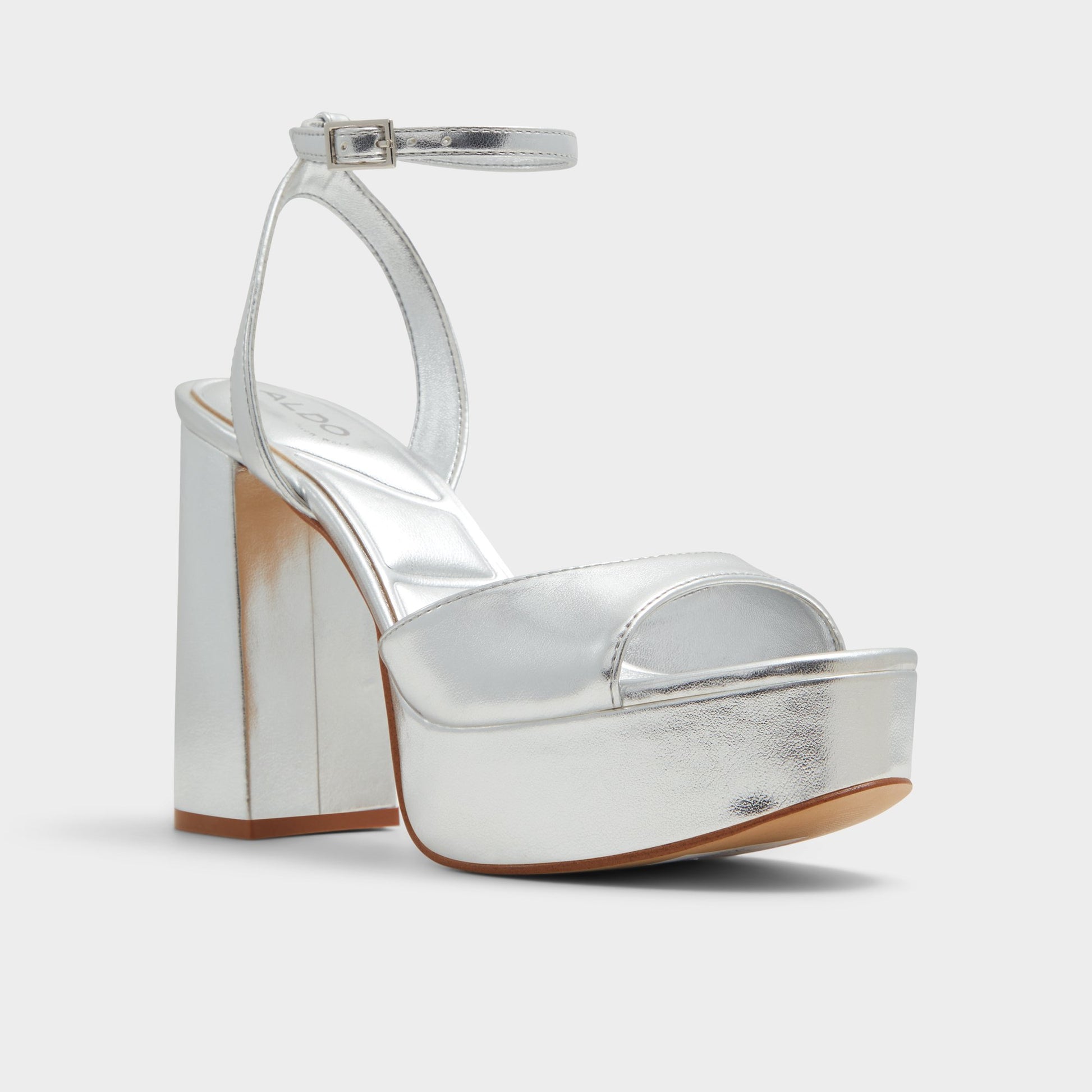 Three-quarter angle of Silver Valoria Strappy heeled sandal's front side