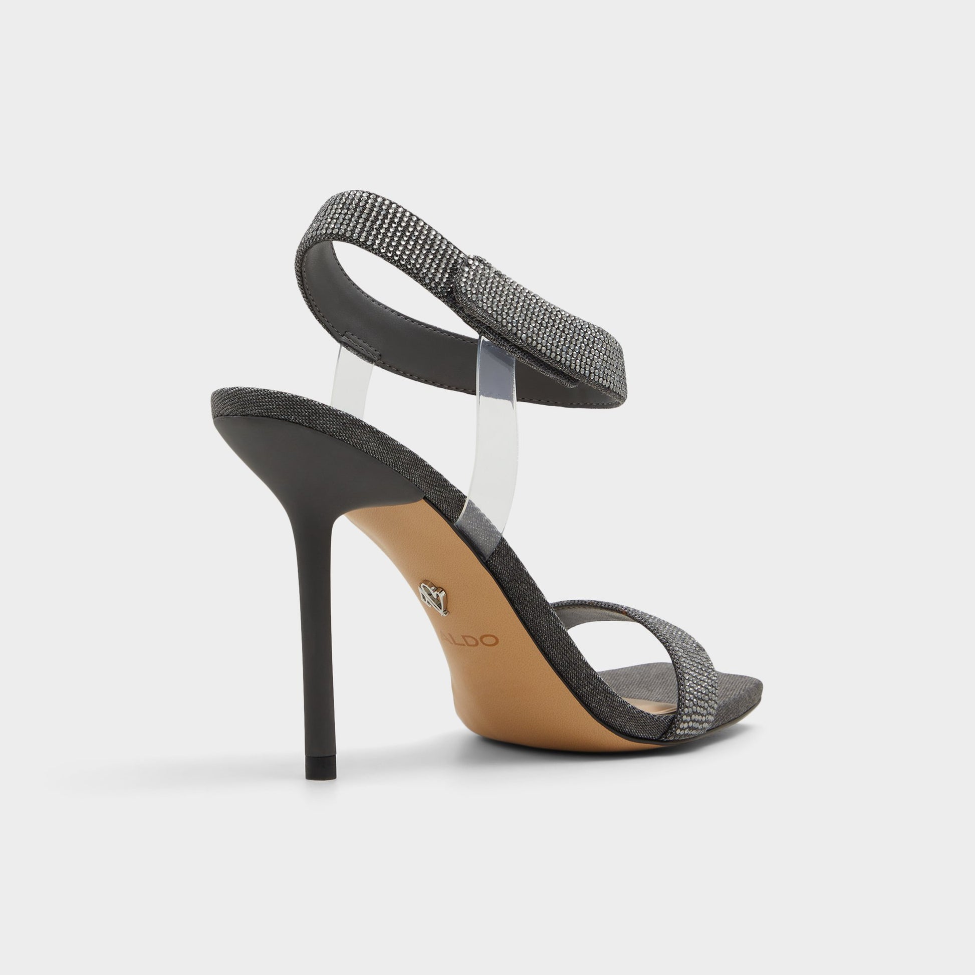 Three-quarter angle of Dark Grey Rosy Strappy heeled sandal's back side