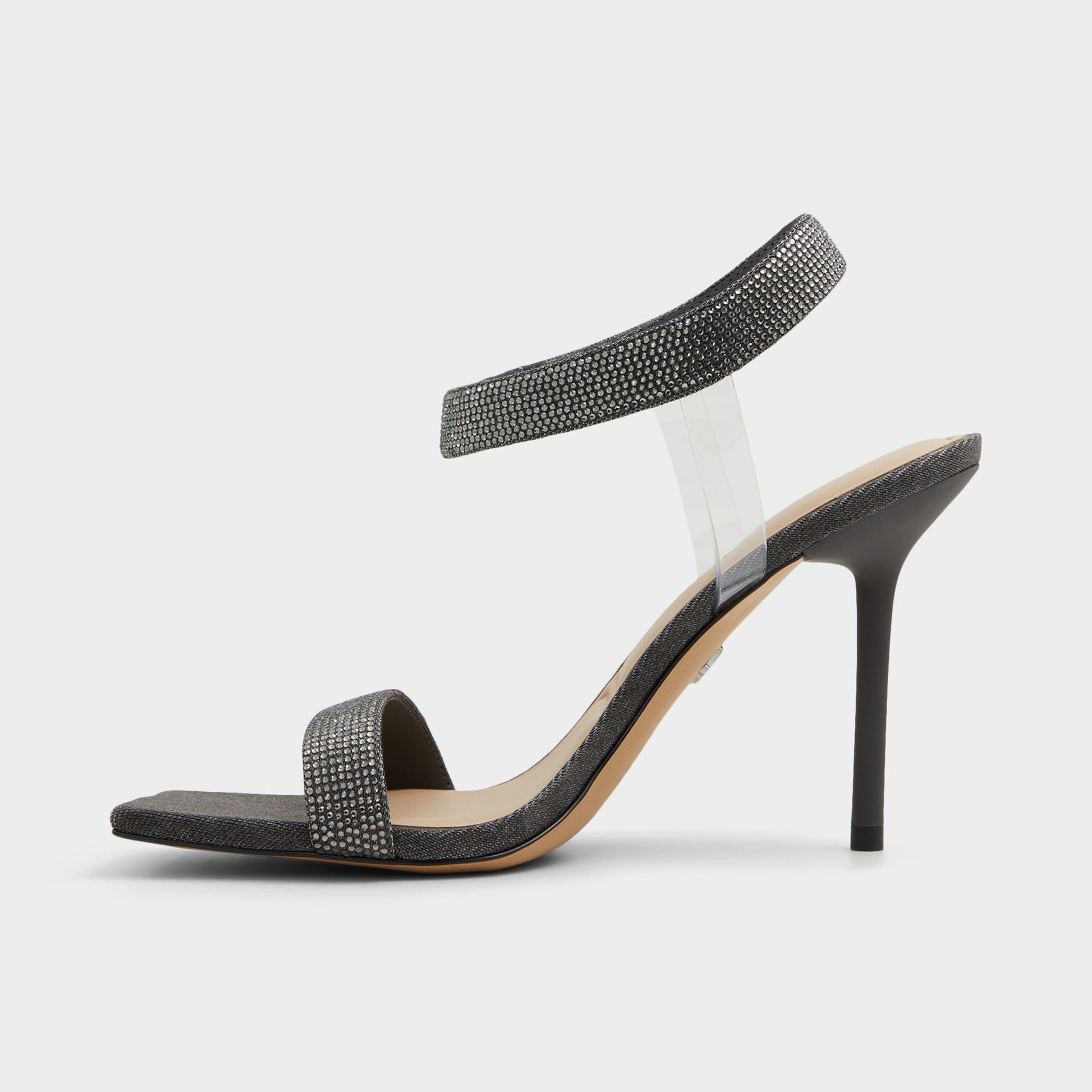 Side view of Dark Grey Rosy Strappy heeled sandal