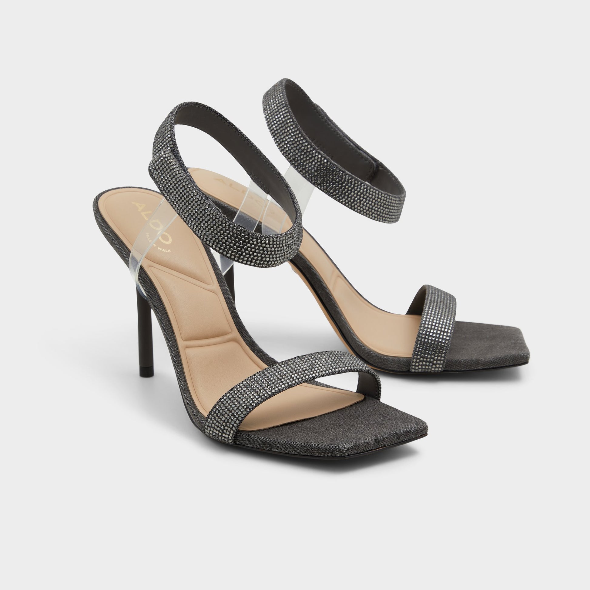Highlighted view of a pair of Dark Grey Rosy Strappy heeled sandals