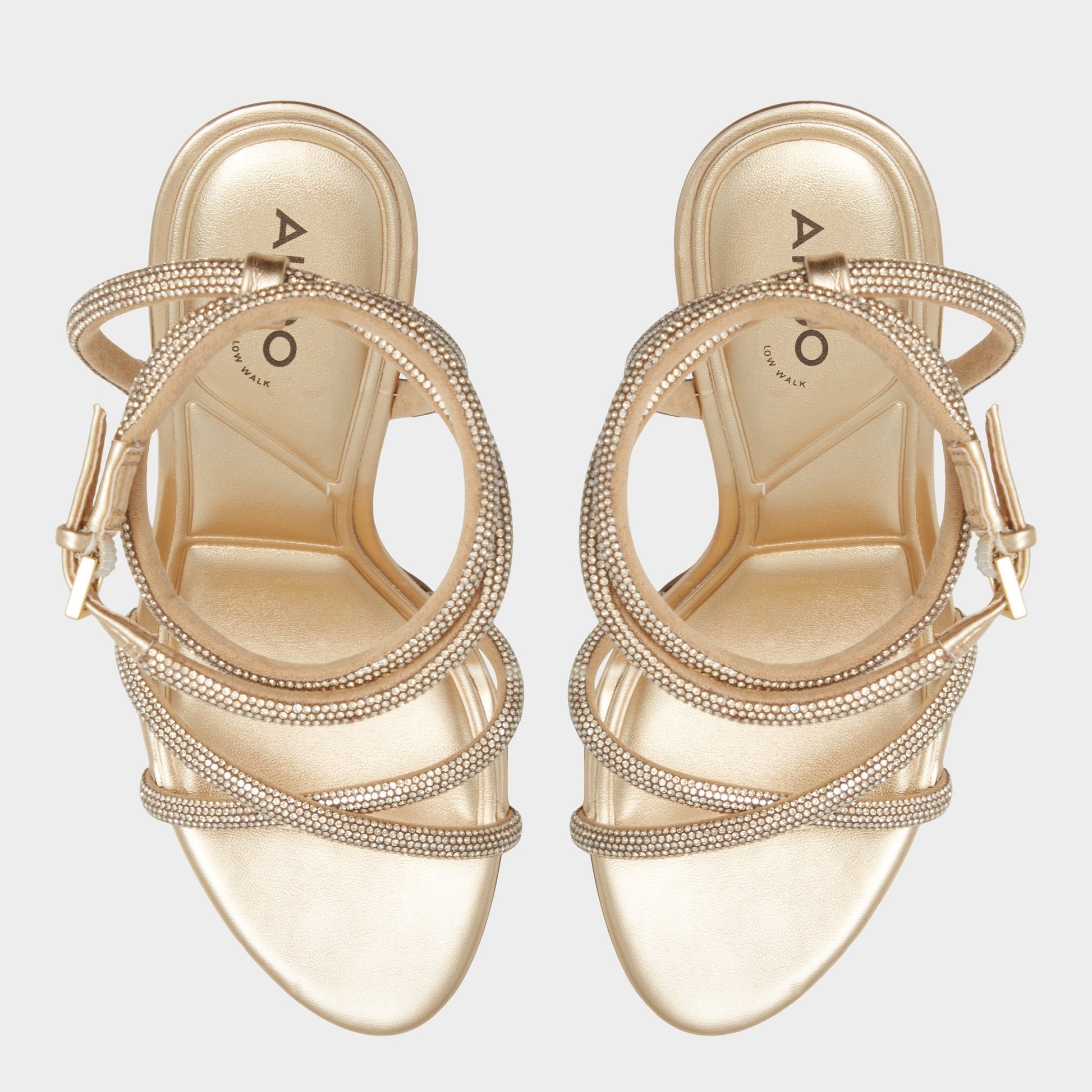 Top-down view of the Gold Manaelden Strappy heeled sandal
