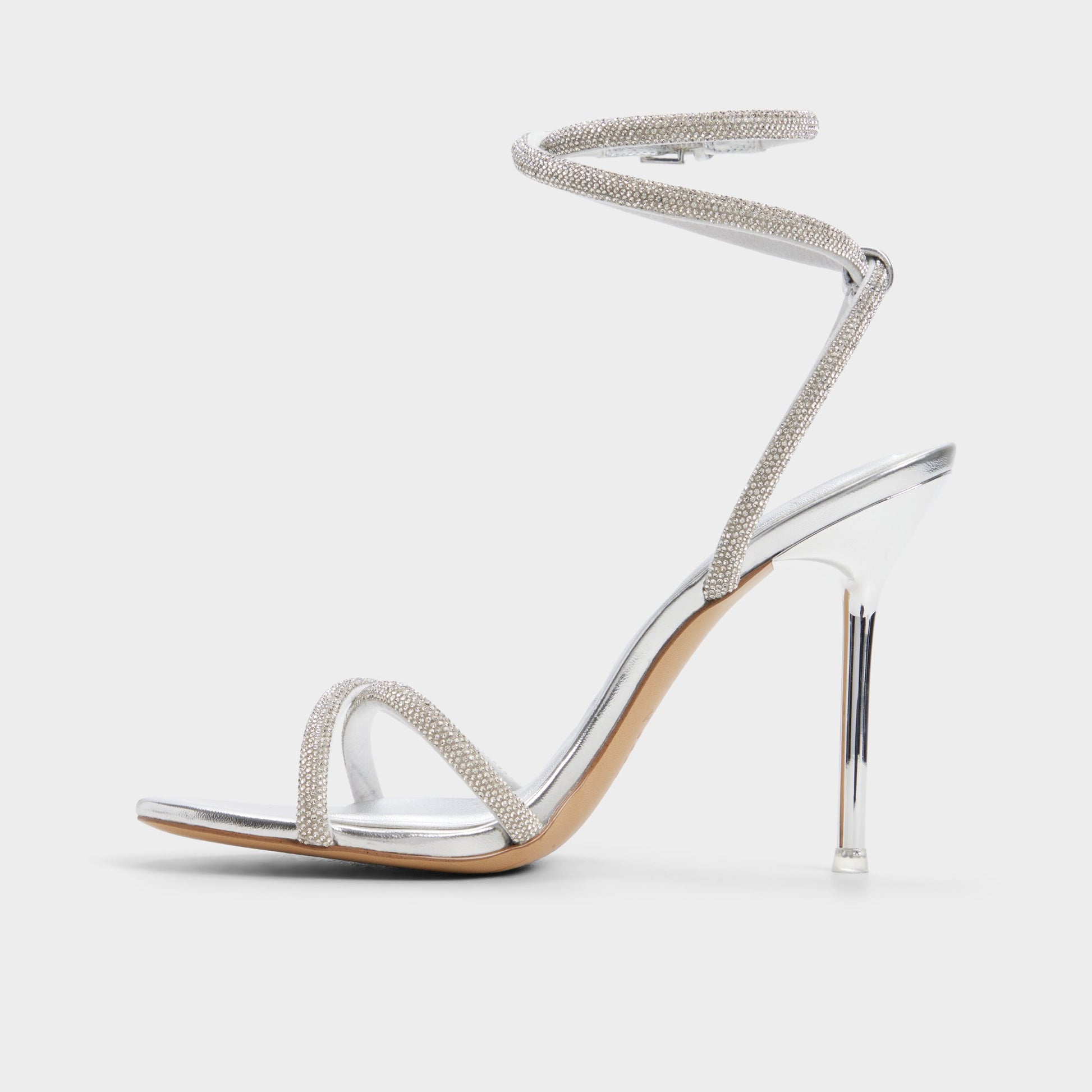 Side view of Silver Manaelden Strappy heeled sandal