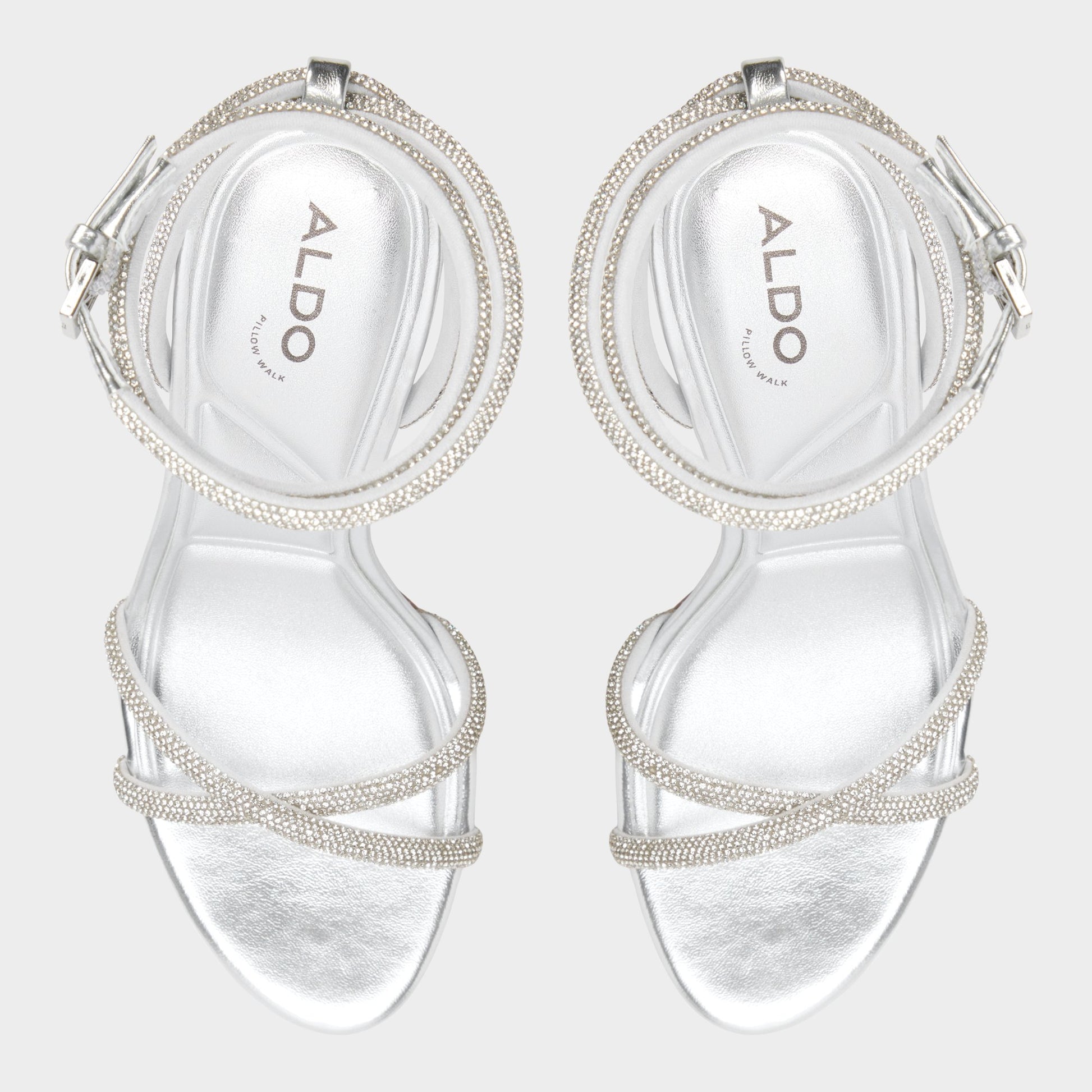 Top-down view of the Silver Manaelden Strappy heeled sandal