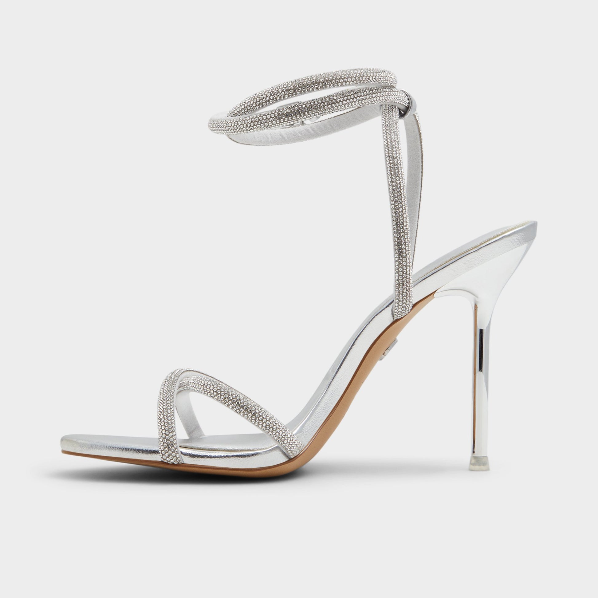 Side view of Silver Manaelden Strappy heeled sandal