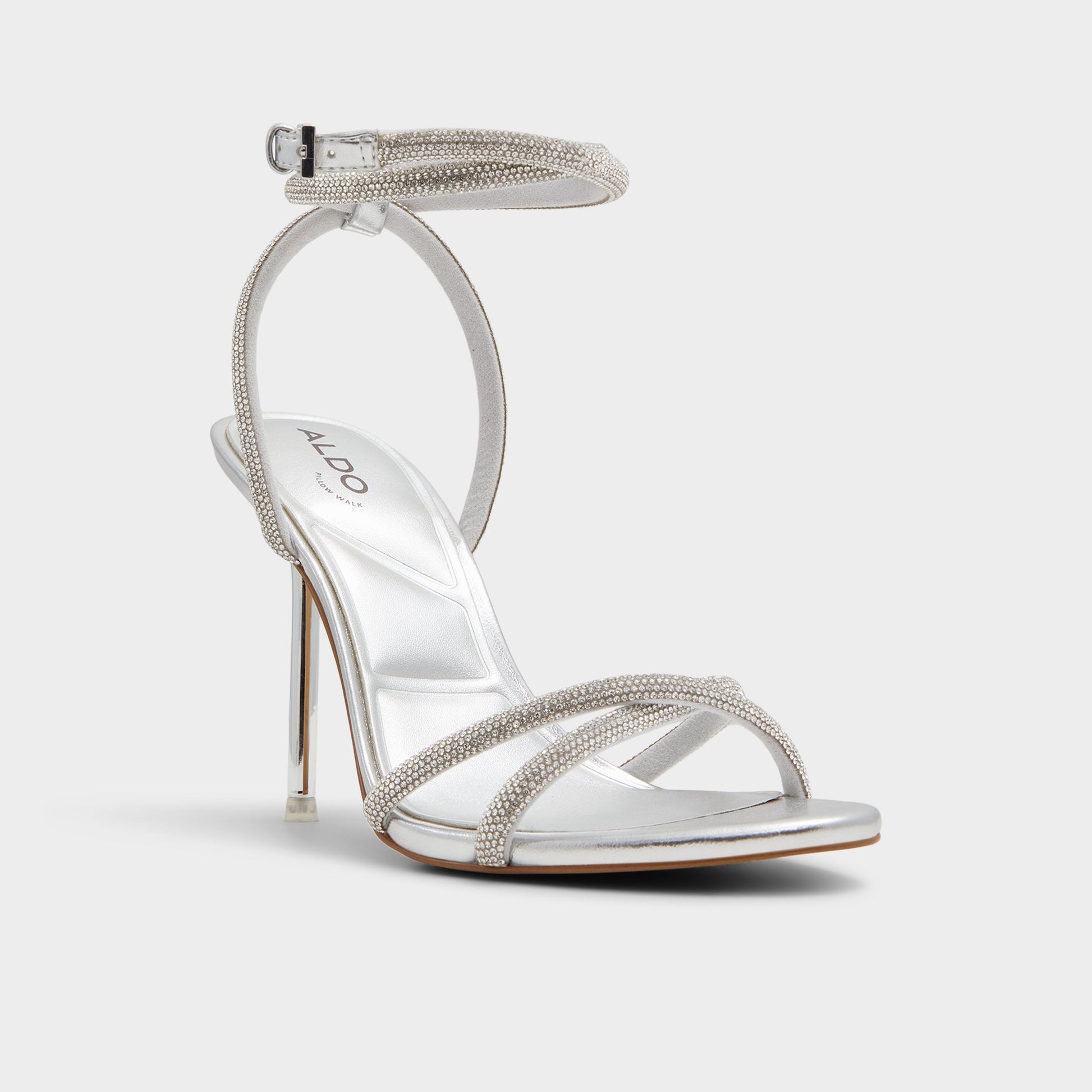 Three-quarter angle of Silver Manaelden Strappy heeled sandal's front side