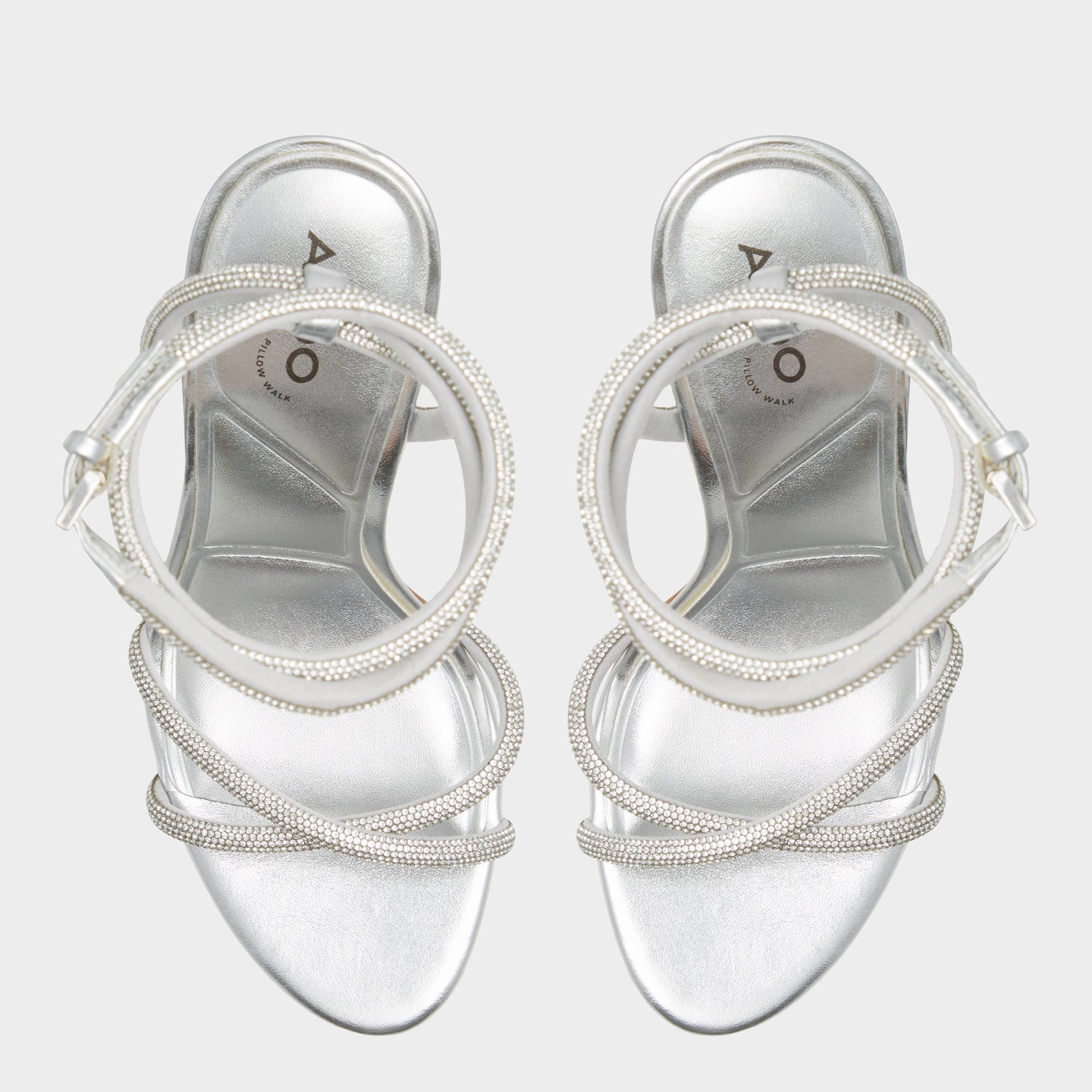 Top-down view of the Silver Manaelden Strappy heeled sandal