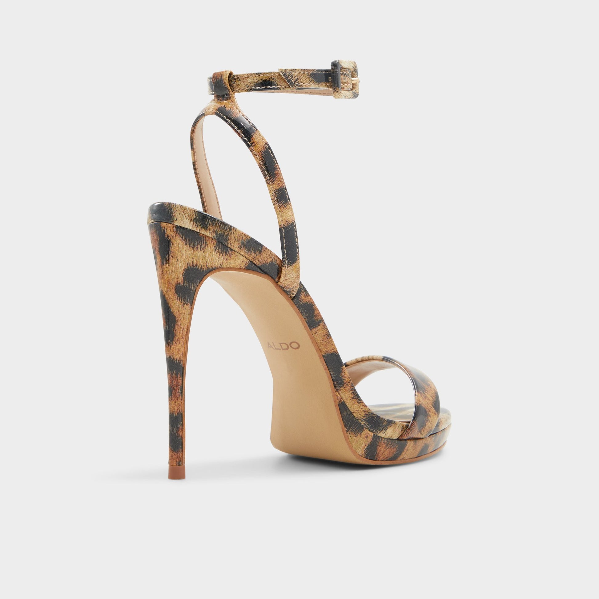 Three-quarter angle of Brown Multi Kat Strappy heeled sandal's back side