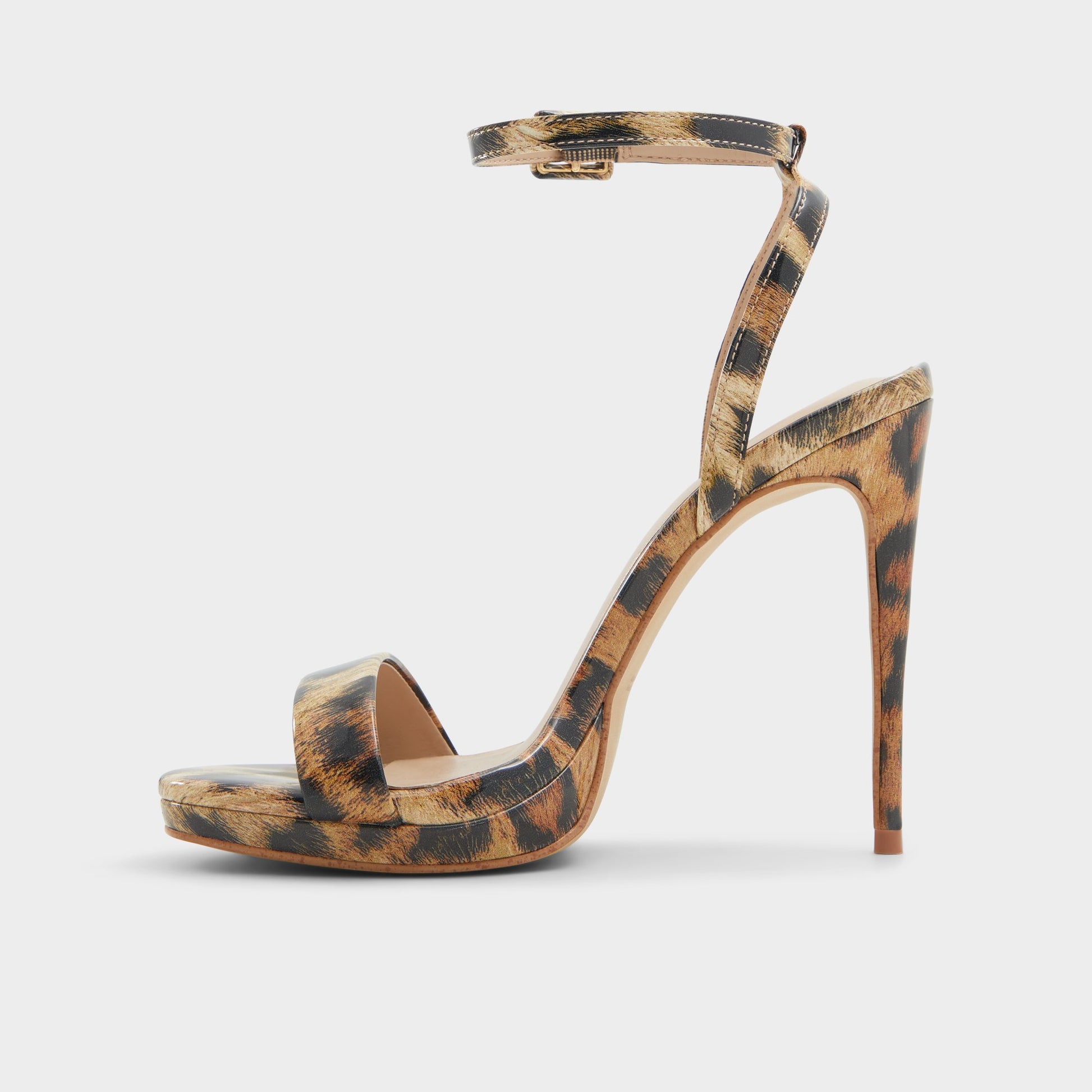 Side view of Brown Multi Kat Strappy heeled sandal