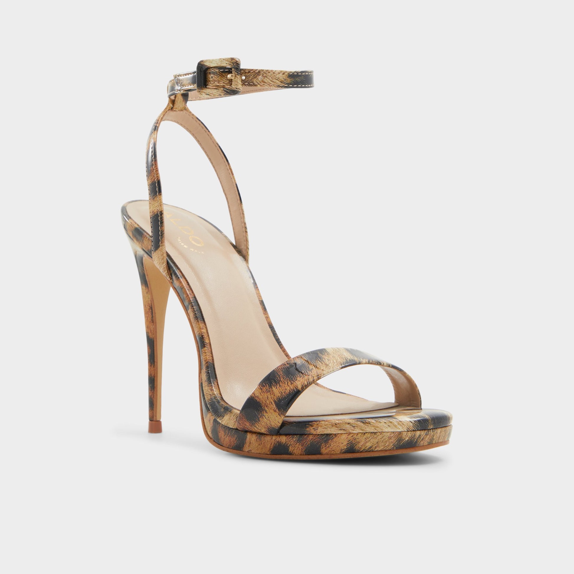 Three-quarter angle of Brown Multi Kat Strappy heeled sandal's front side