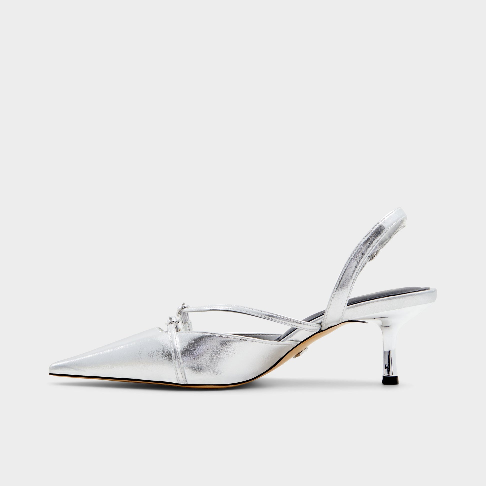 Side view of Silver Marietta Slingback heel