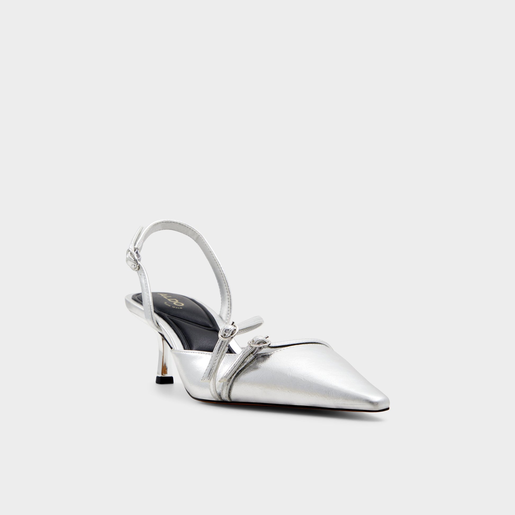 Three-quarter angle of Silver Marietta Slingback heel's front side