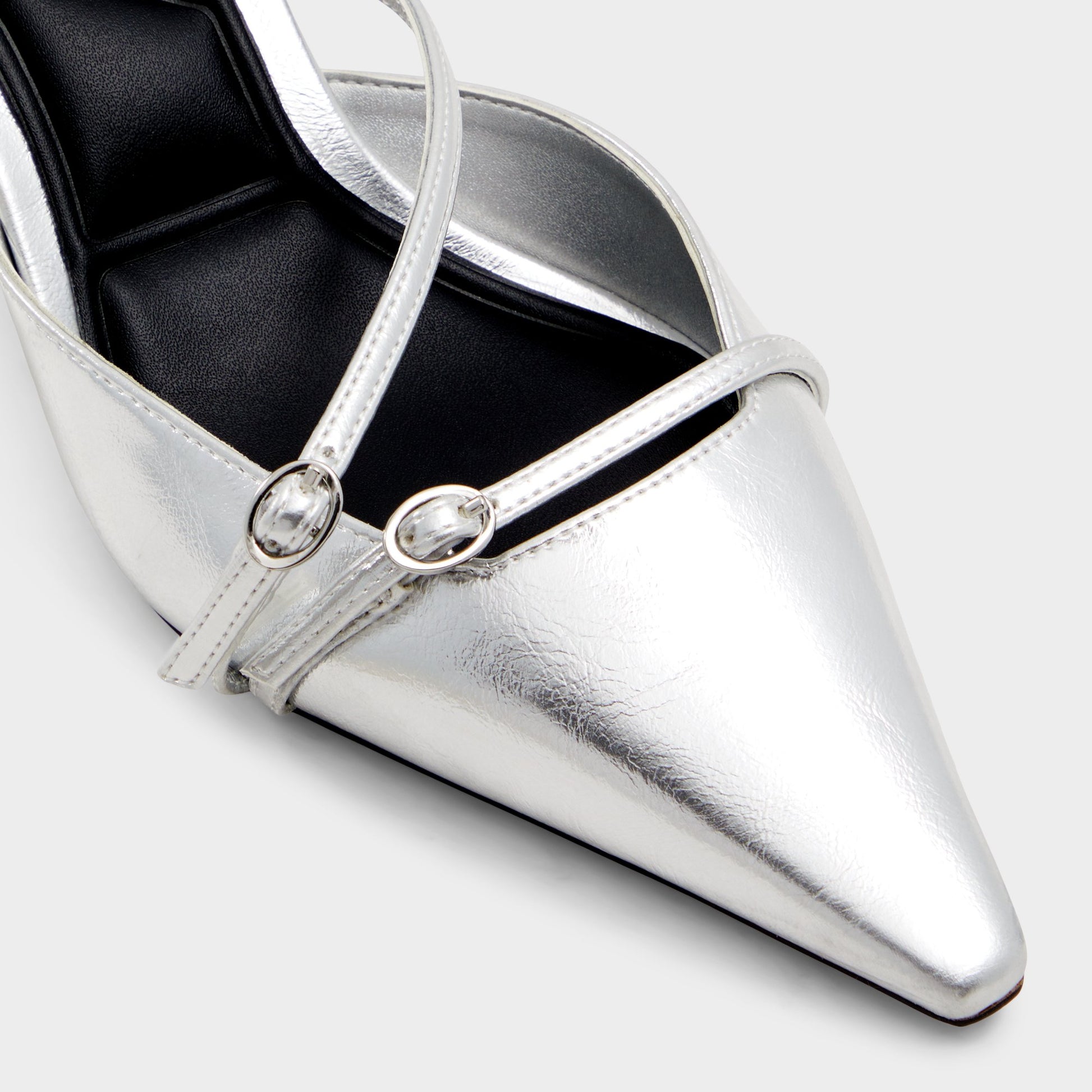 Close-up of the Silver Marietta Slingback heel
