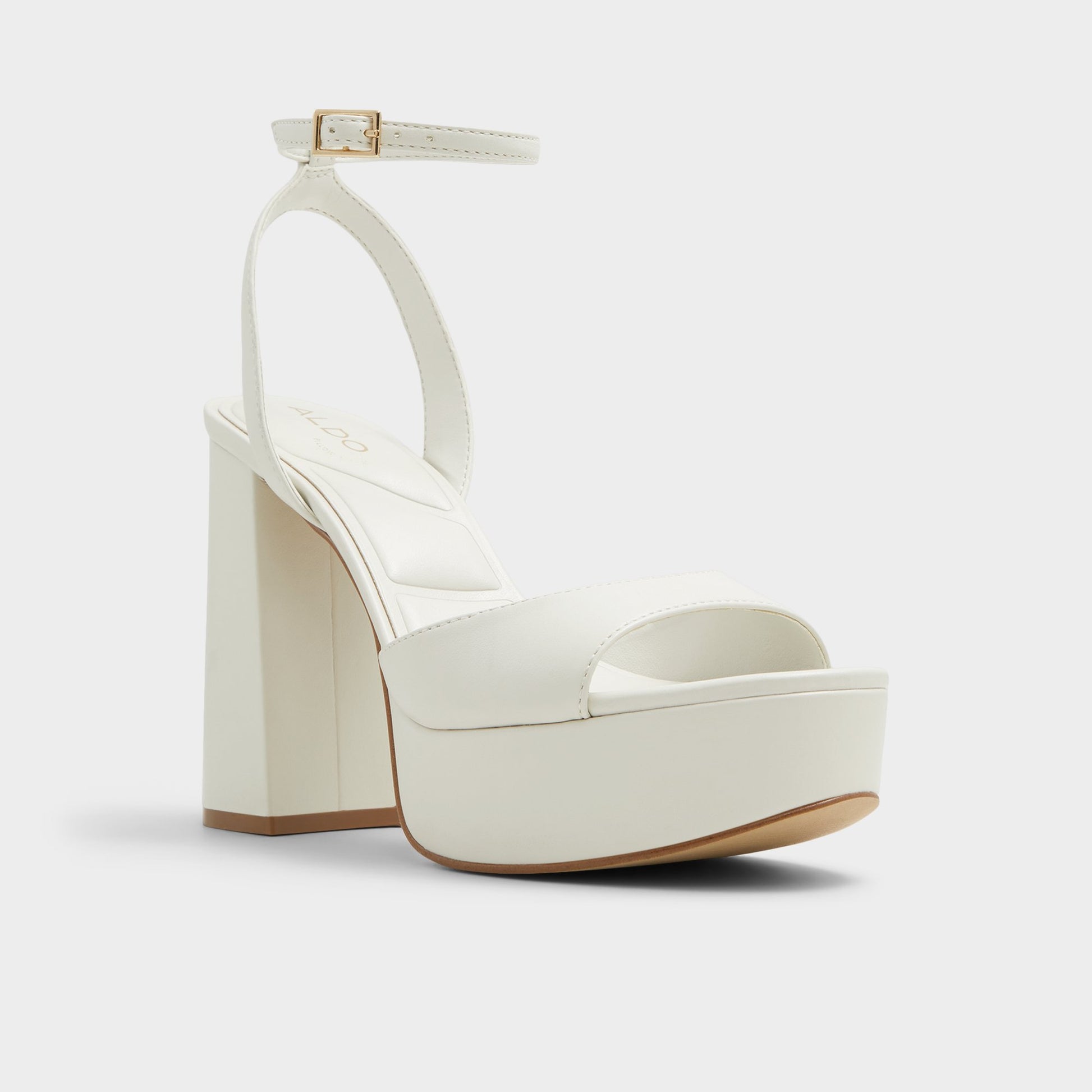 Three-quarter angle of White Valoria Strappy heeled sandal's front side