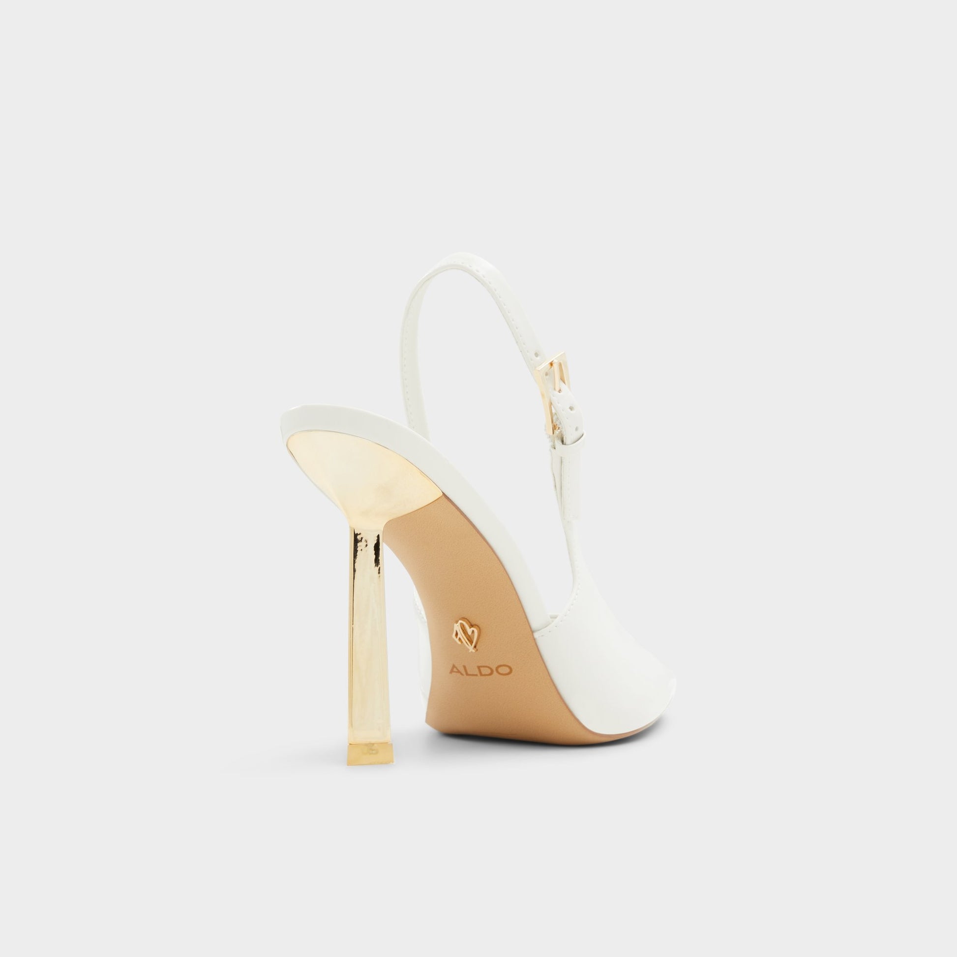 Three-quarter angle of White/Bone Marysa Slingback heel's back side