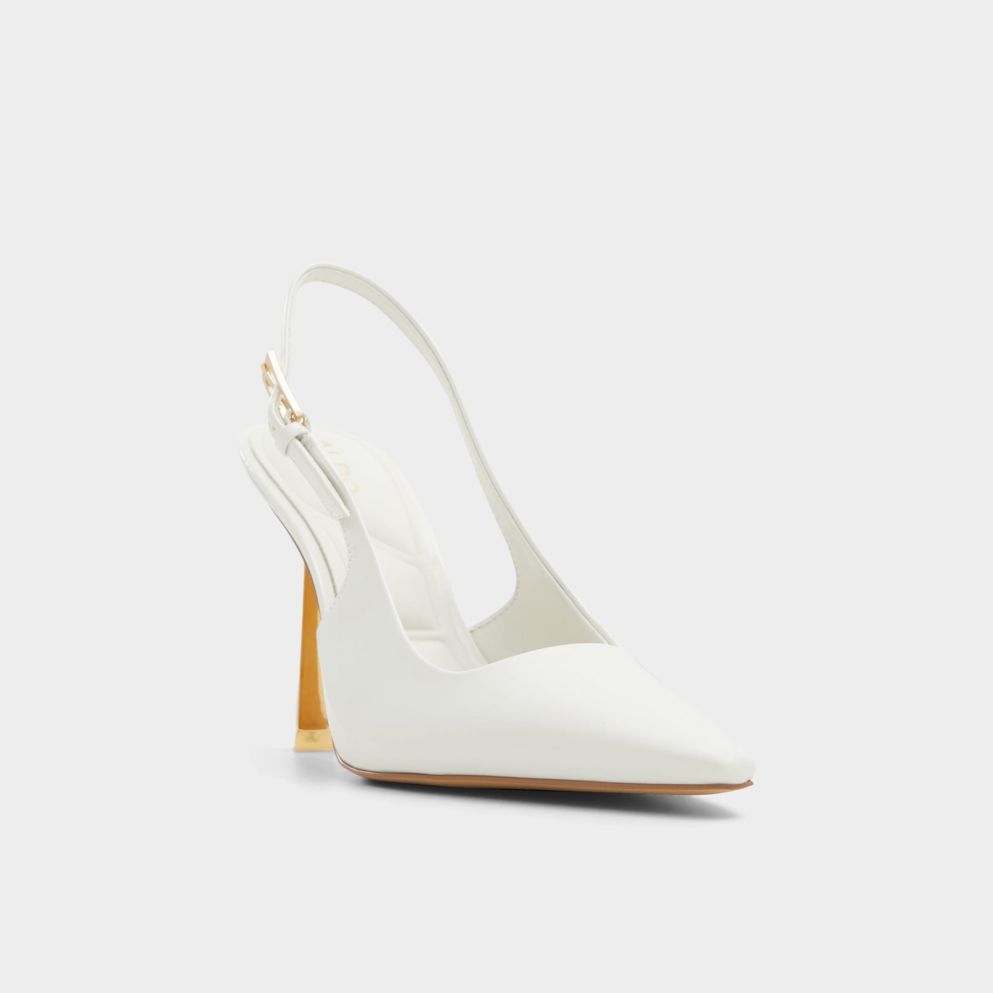 Three-quarter angle of White/Bone Marysa Slingback heel's front side