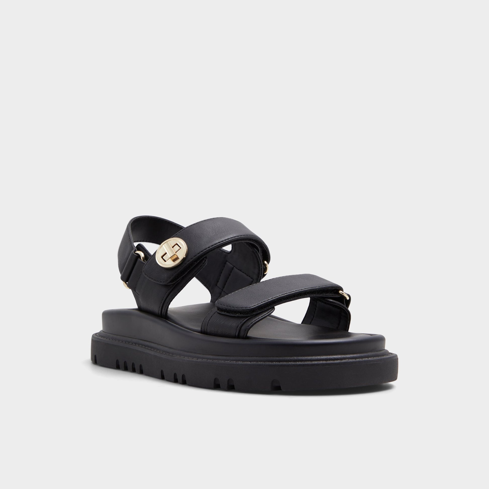 Three-quarter angle of Black Linette Footbed sandal's front side