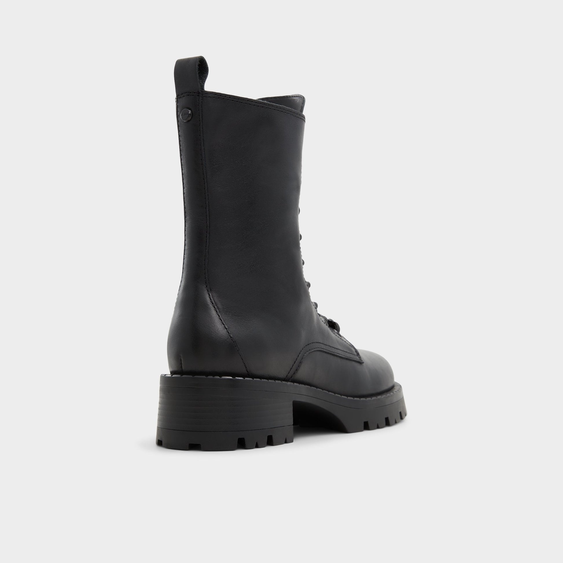 Three-quarter angle of Black Allea Combat ankle boot's back side