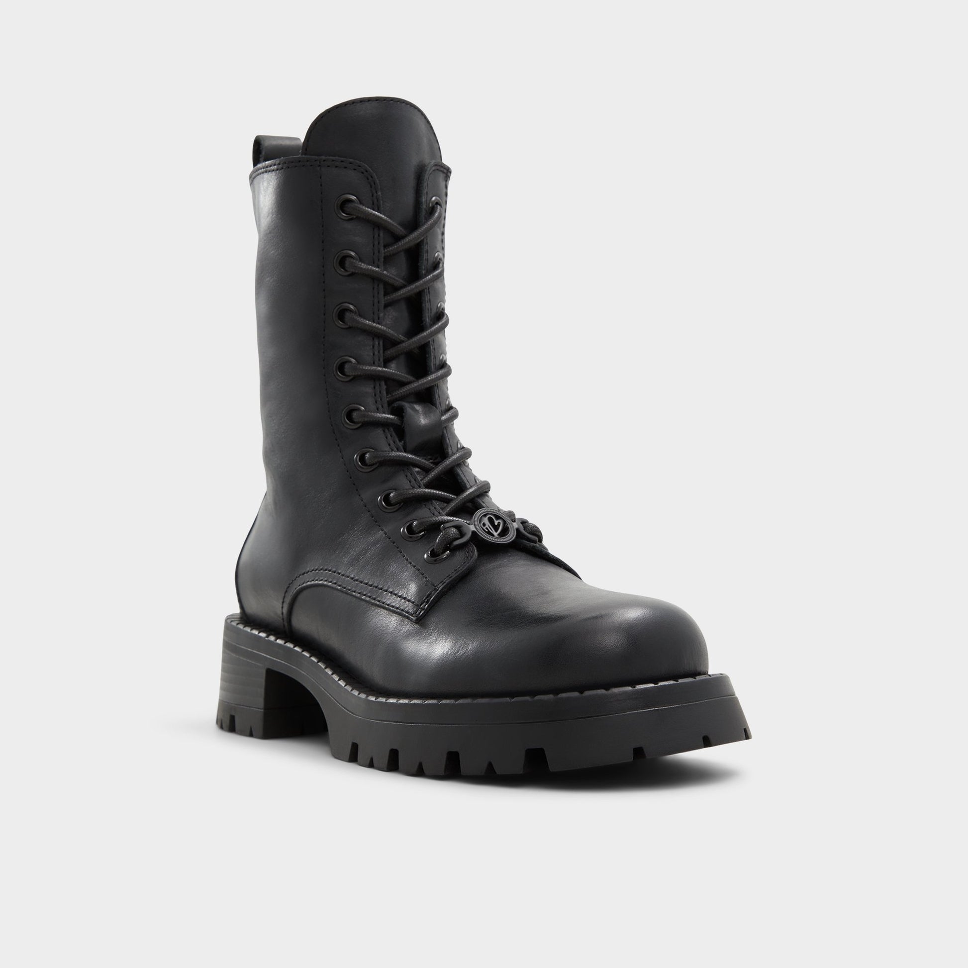 Three-quarter angle of Black Allea Combat ankle boot's front side