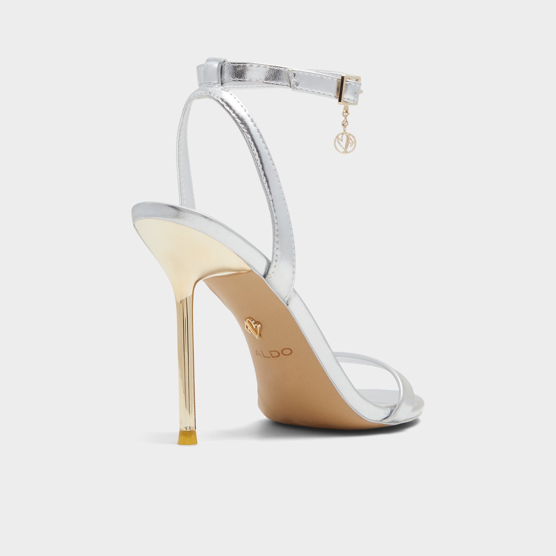 Three-quarter angle of Silver Maristou Strappy heeled sandal's back side