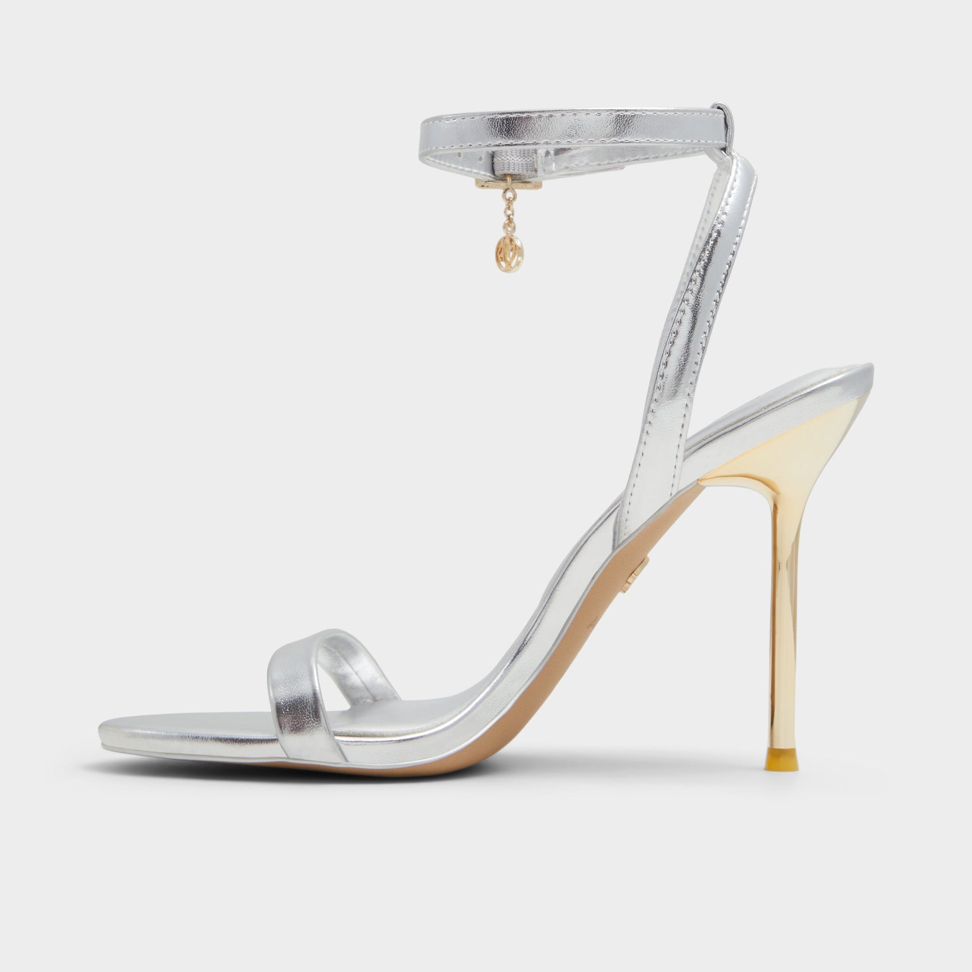 Side view of Silver Maristou Strappy heeled sandal