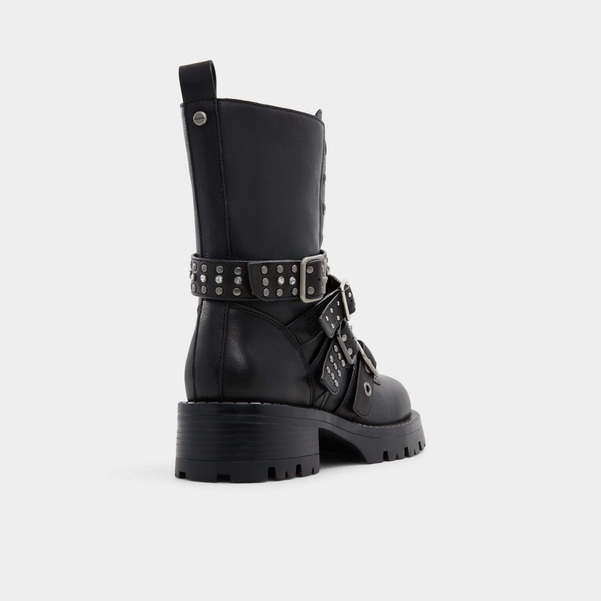 Three-quarter angle of Black Vortexia Combat ankle boot's back side