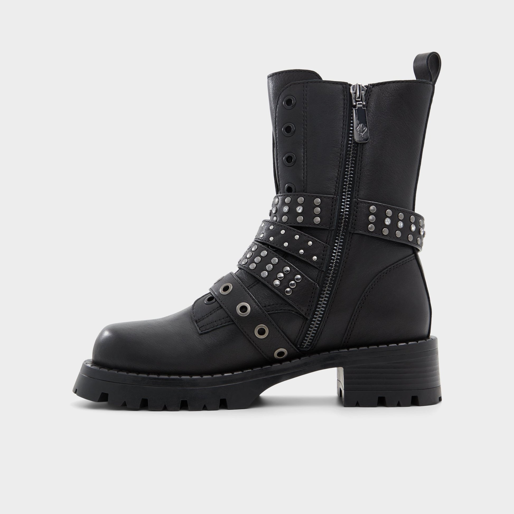 Side view of Black Vortexia Combat ankle boot
