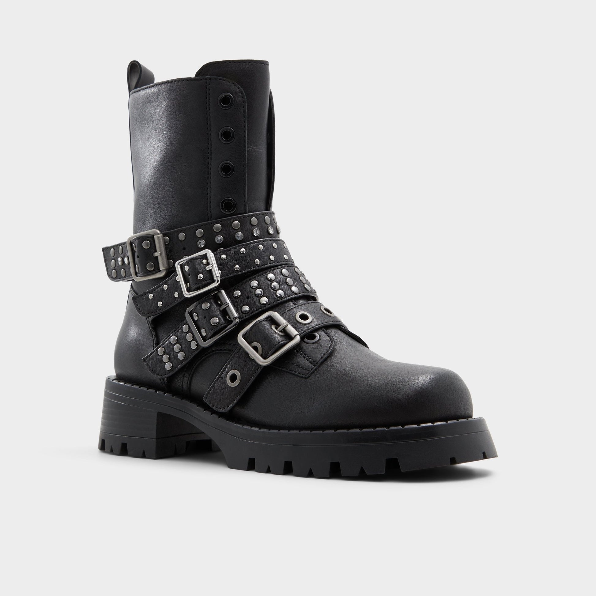 Three-quarter angle of Black Vortexia Combat ankle boot's front side