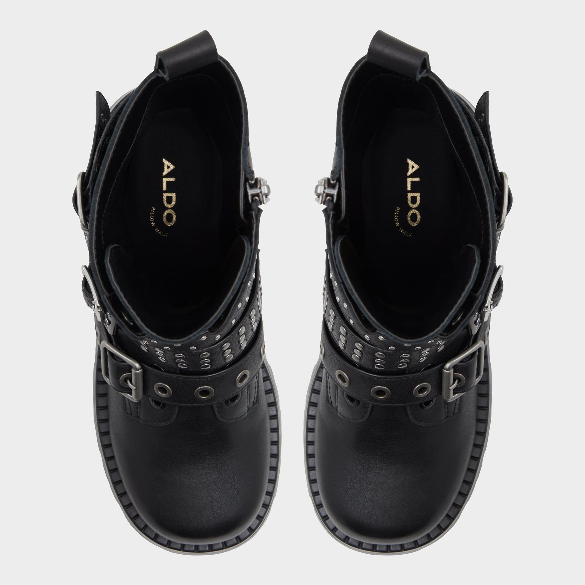 Top-down view of the Black Vortexia Combat ankle boot