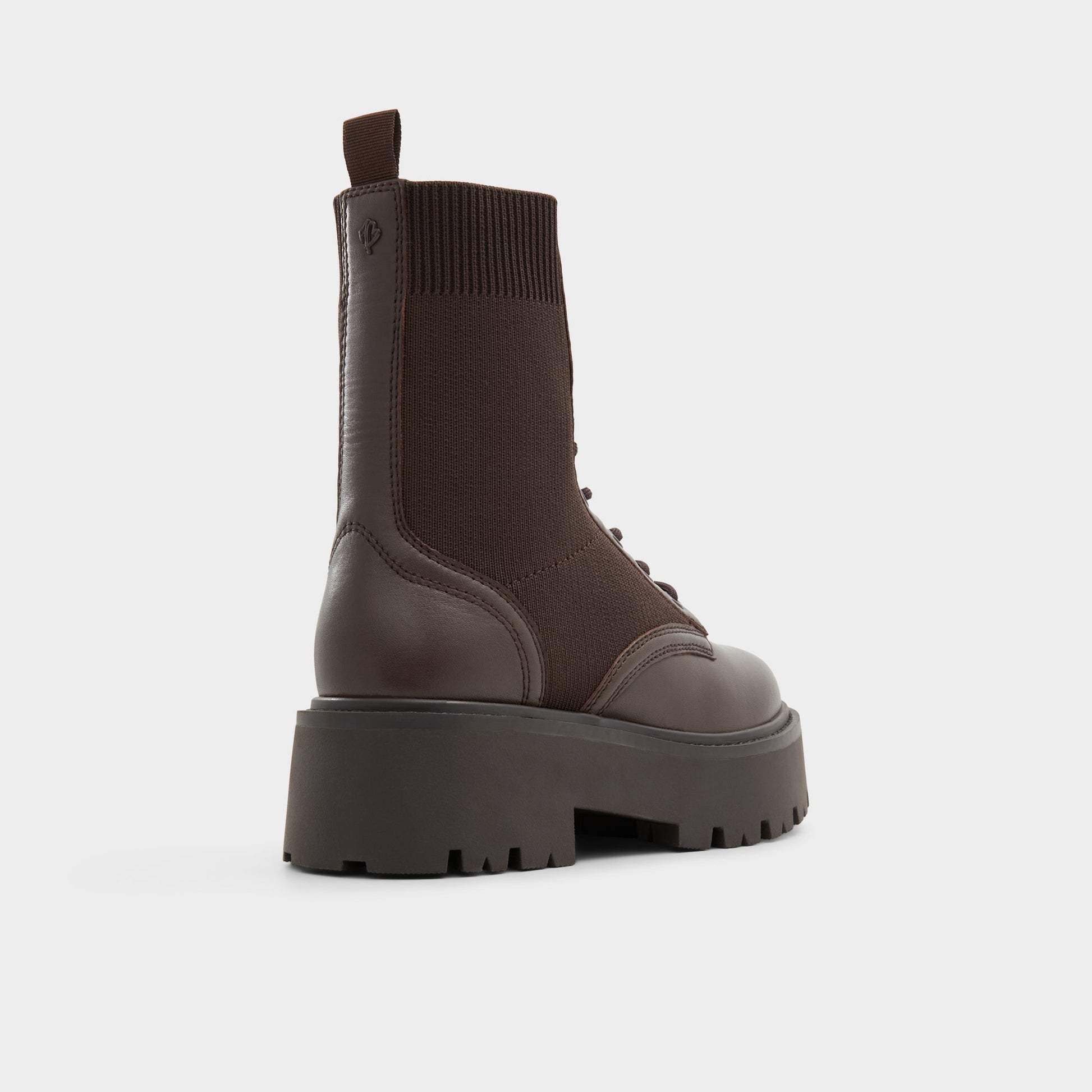 Three-quarter angle of Brown Overflow Talaleryknit Combat ankle boot's back side