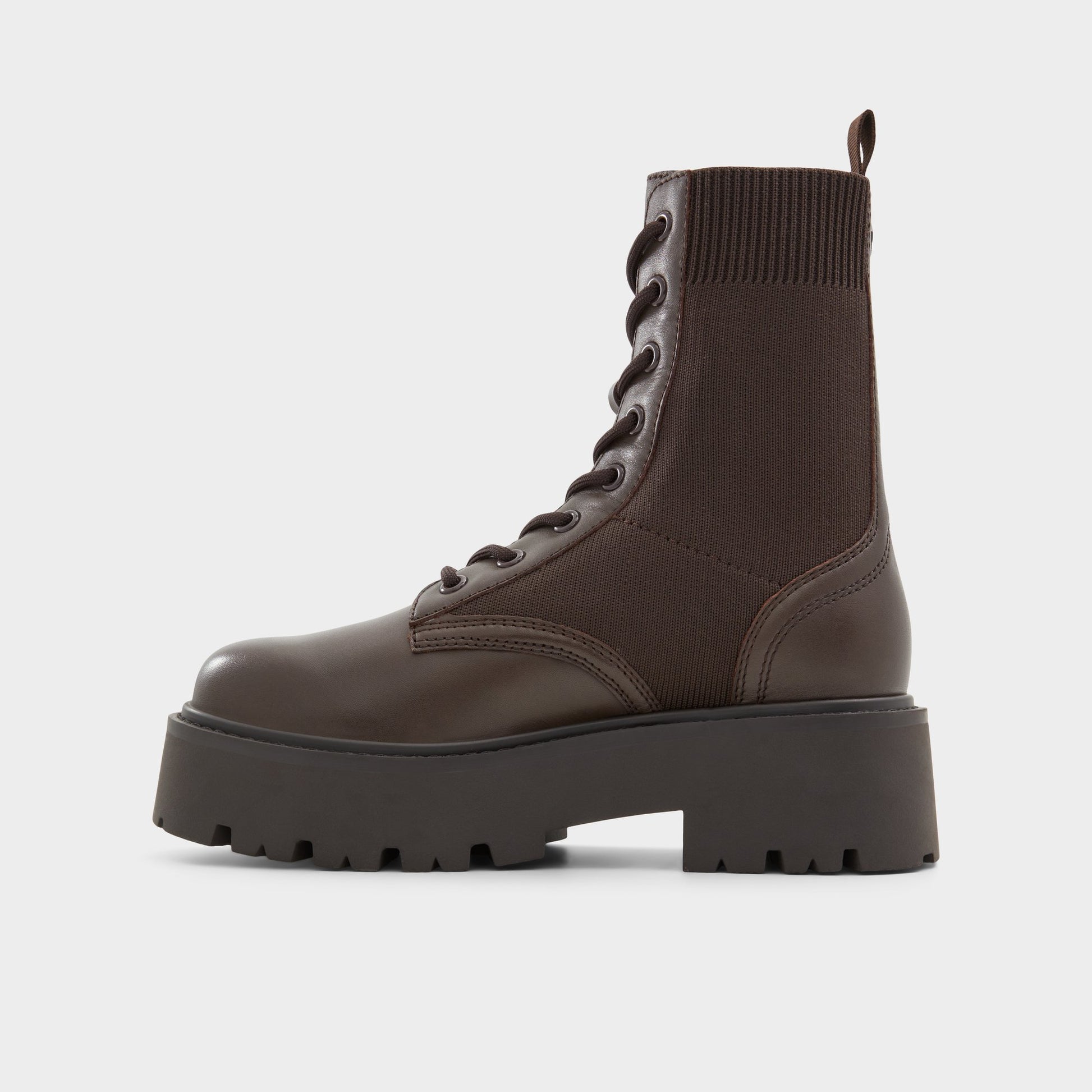 Side view of Brown Overflow Talaleryknit Combat ankle boot