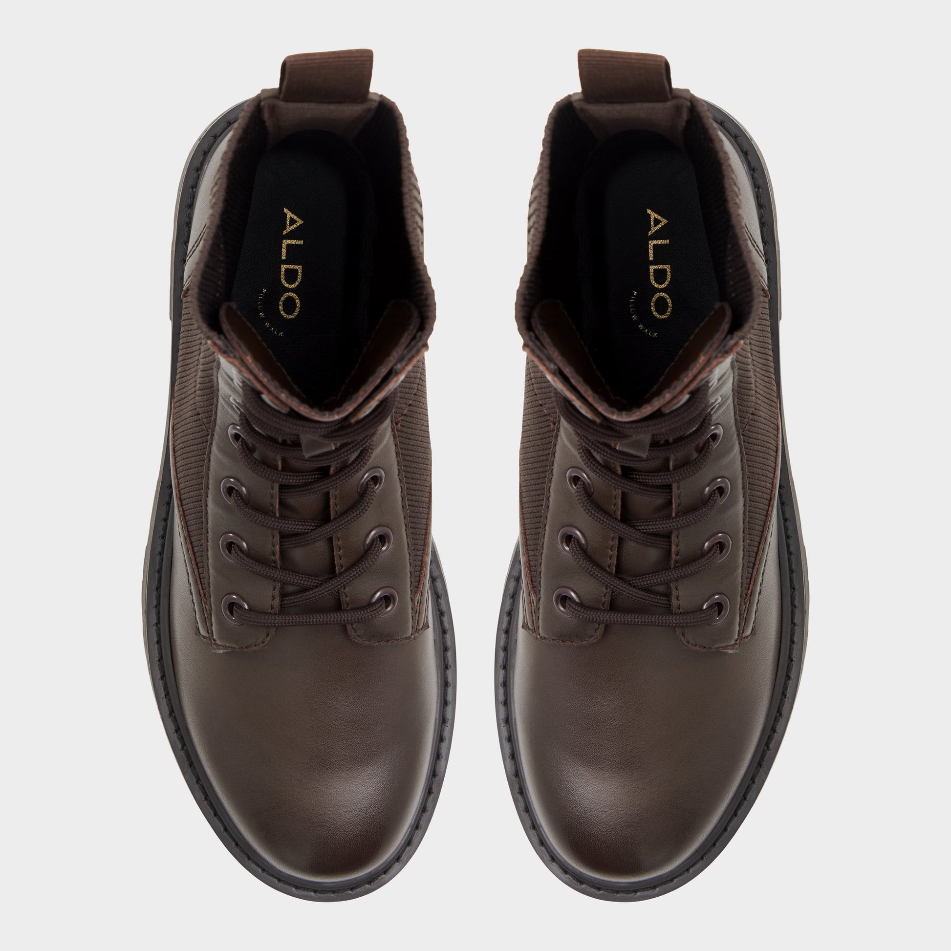 Top-down view of the Brown Overflow Talaleryknit Combat ankle boot