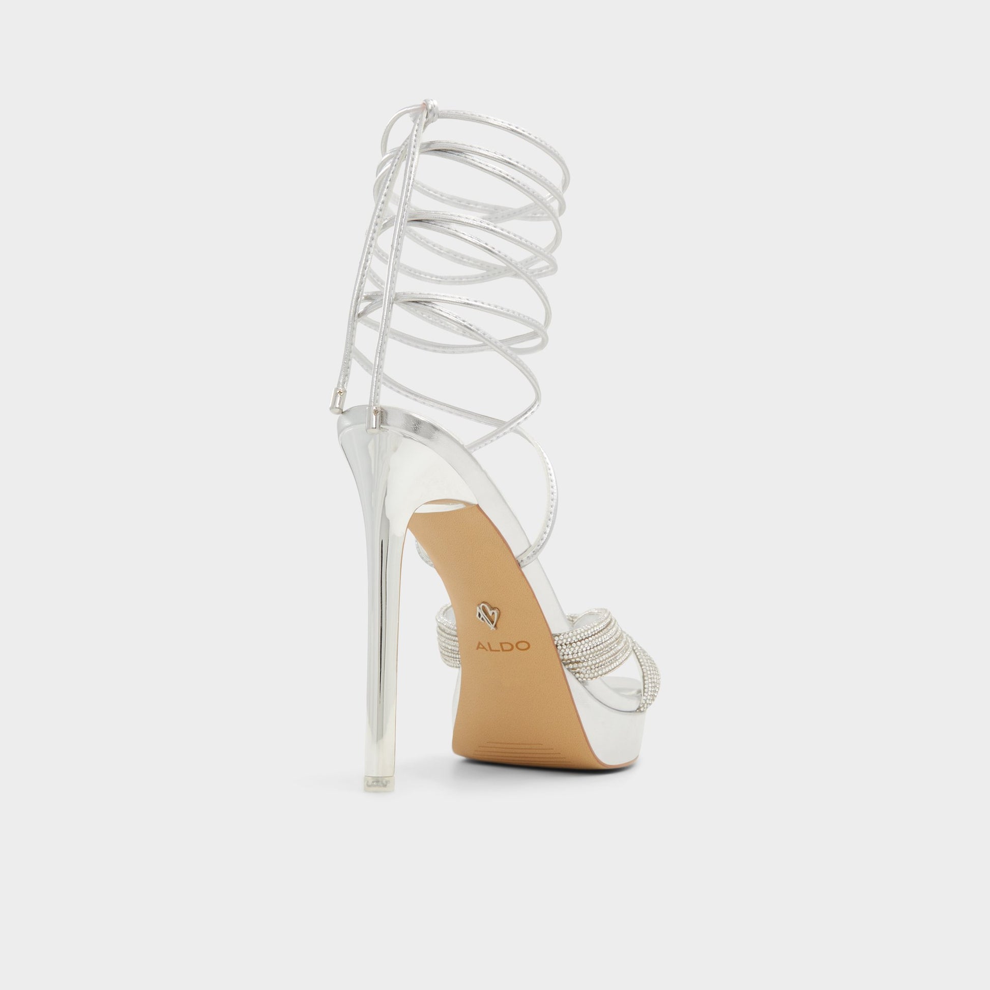 Three-quarter angle of Silver Vivyana Strappy heeled sandal's back side